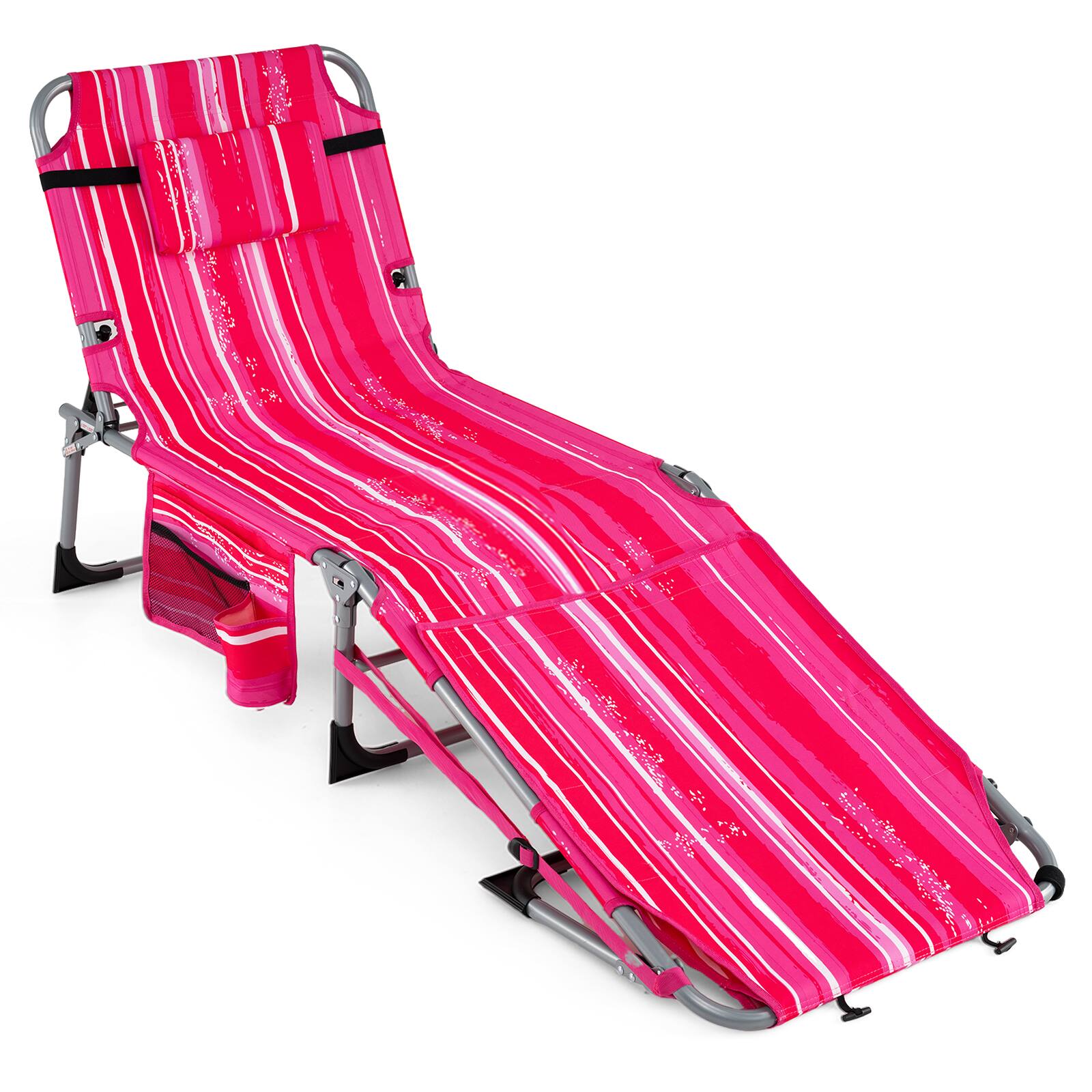 Alt View 9. Gymax - Gymax 2PCS Tanning Chair w/Face Arm Holes 4-Level Backrest & Head Pillow Side Pocket Pink  Stripe - Pink.