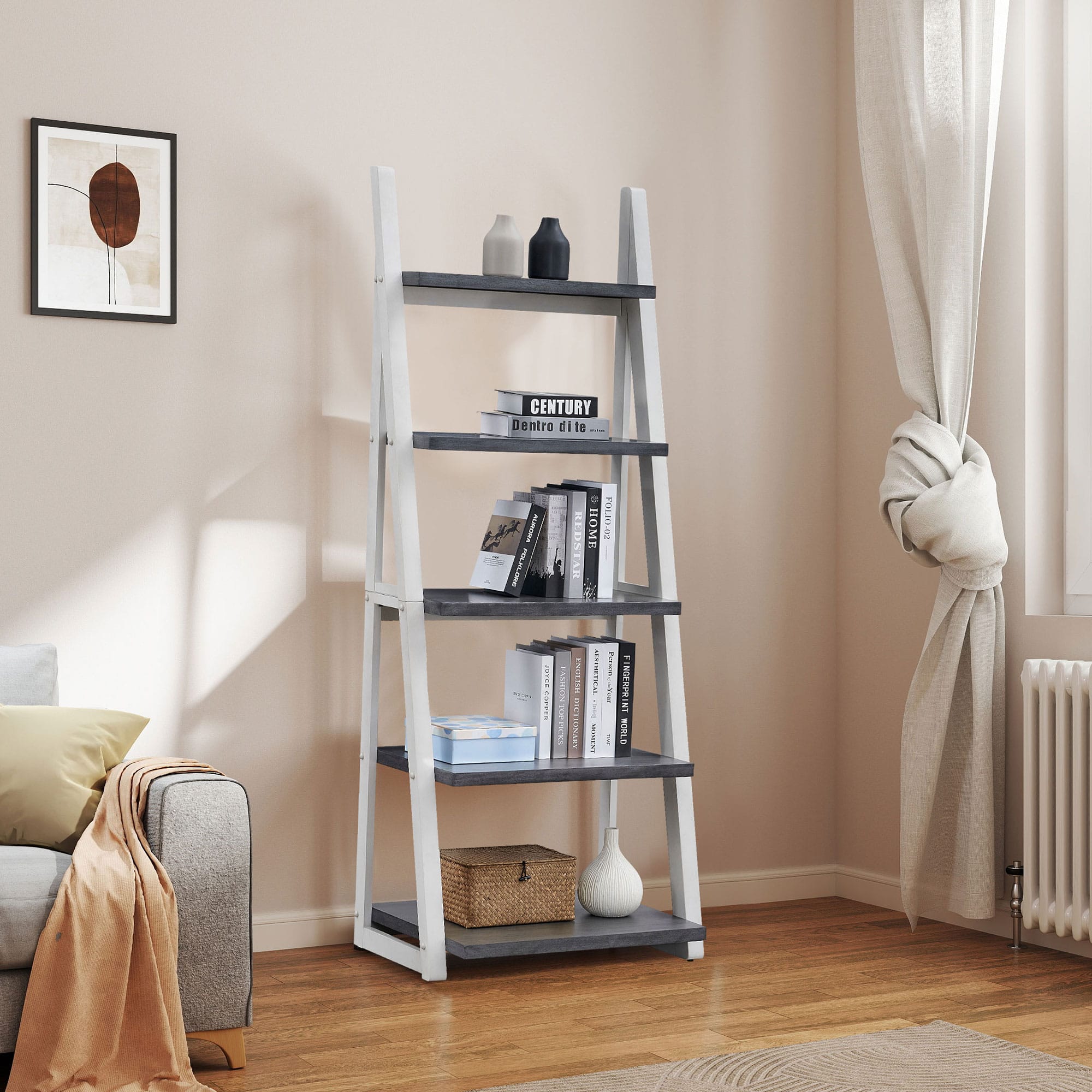 GOODSILO - 5-Tier Bookshelf Storage Rack - Ladder Shelf for Living Room, Home Office, Kitchen, Bedroom, Apartment - Grey+White