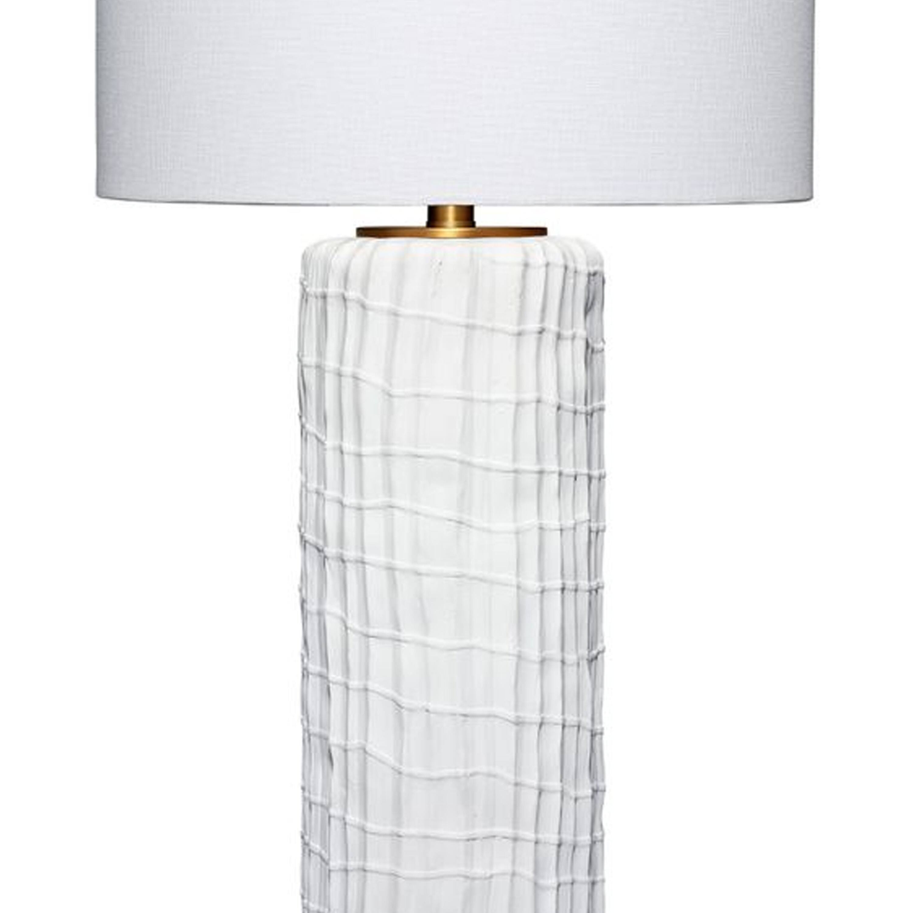 Left. Manhattan Lane - Mena 28 Inch Table Lamp, Round Drum Shade, Grid Pattern Base - White, Brass.