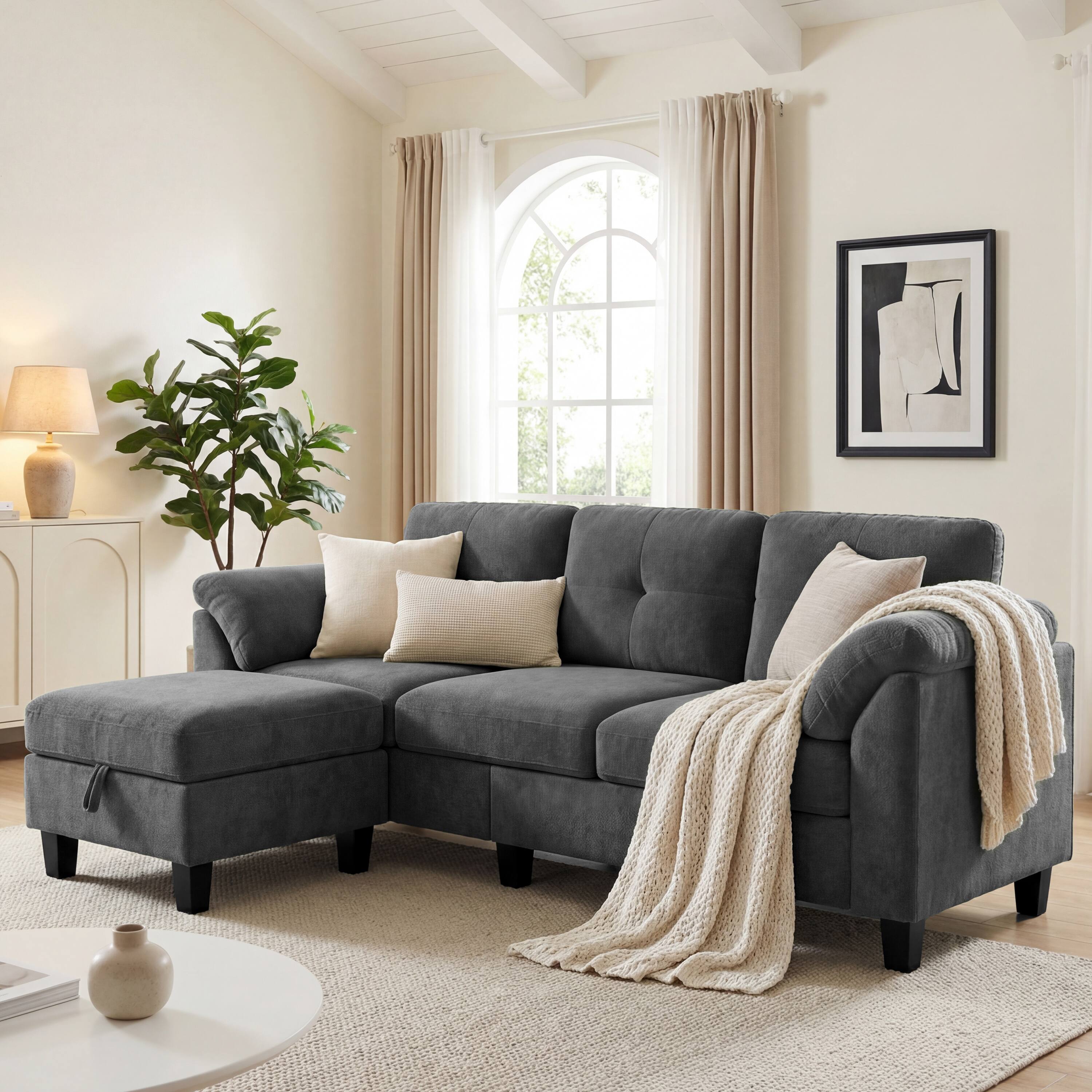 Front. Dyonery - Dyonery 76.4-inch Modern Style Three-seater Sofa with Armrests and Pillows in Chenille Gray - Gray.