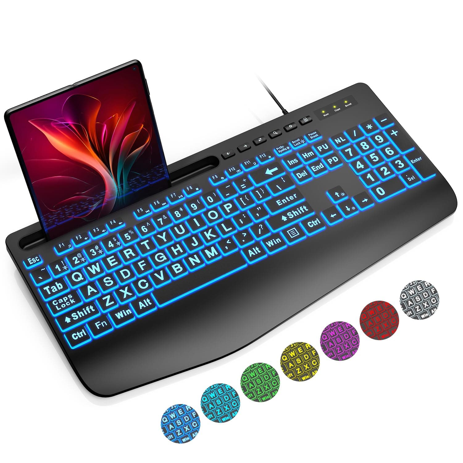 PARKER SLATER - Large Print Backlit Wired Usb Computer Keyboards With 7-colors Backlight Wrist Rest Phone Holder Oversized Letter Keys - Black