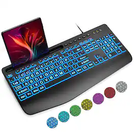 PARKER SLATER - Large Print Backlit Wired Usb Computer Keyboards With 7-colors Backlight Wrist Rest Phone Holder Oversized Letter Keys - Black