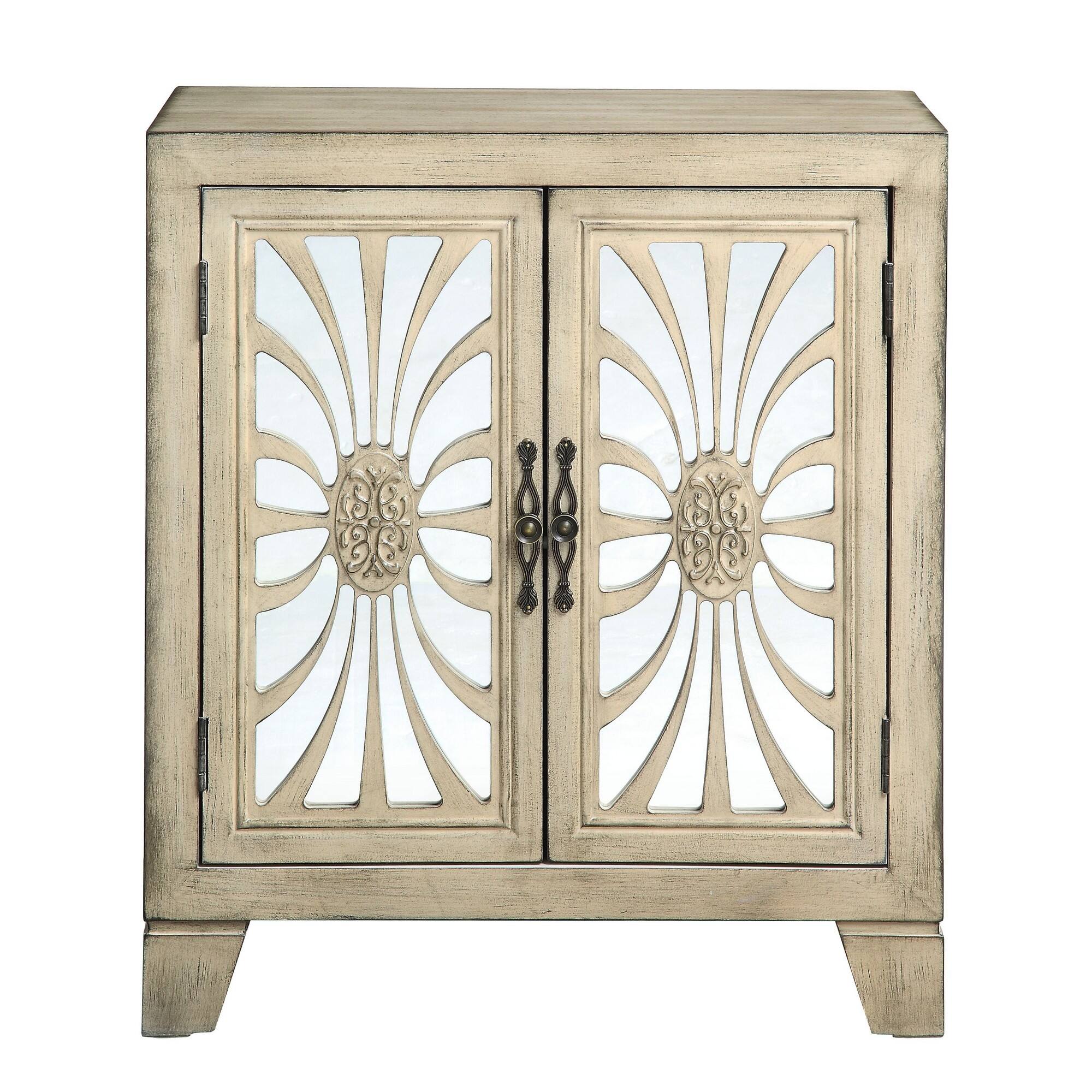 Alt View 1. Manhattan Lane - Console Table with 2 Glass Doors and Floral Motif, Antique White - White.