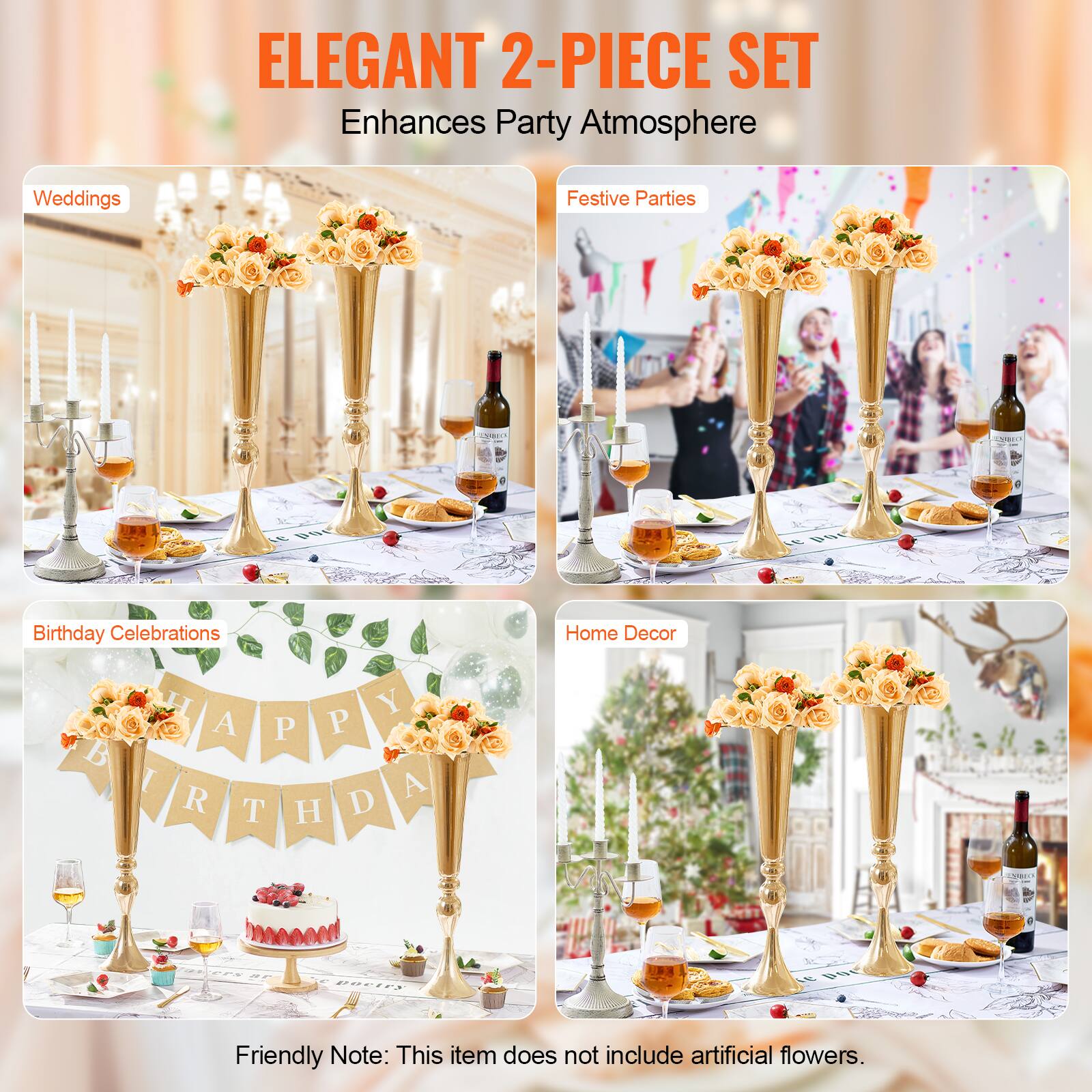 ELEGANT 2-PIECE SET  
Enhances Party Atmosphere  

Weddings  
Festive Parties  
Birthday Celebrations  
Home Decor  

Friendly Note: This item does not include artificial flowers.