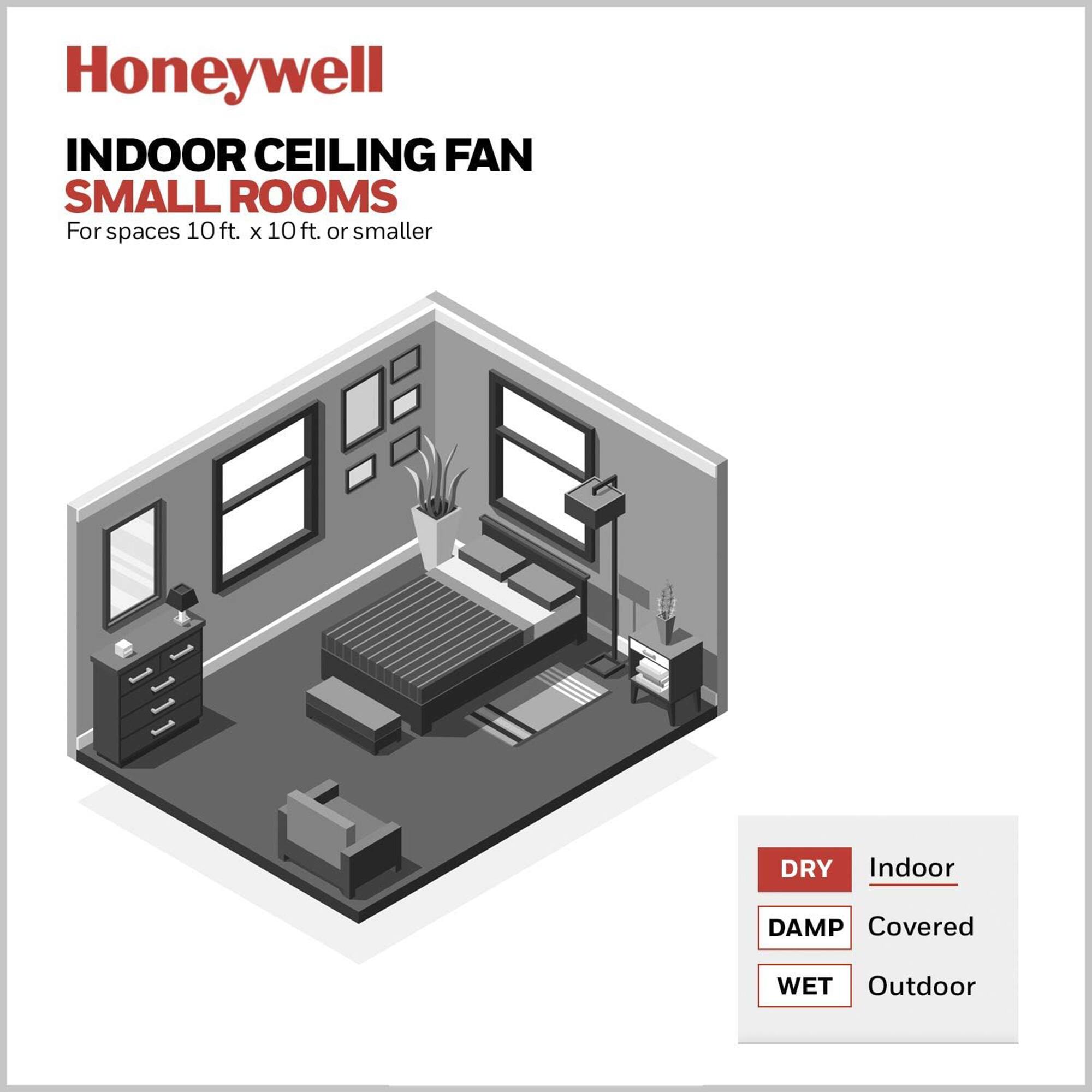 Honeywell INDOOR CEILING FAN SMALL ROOMS  
For spaces 10 ft. x 10 ft. or smaller  

DRY Indoor  
DAMP Covered  
WET Outdoor
