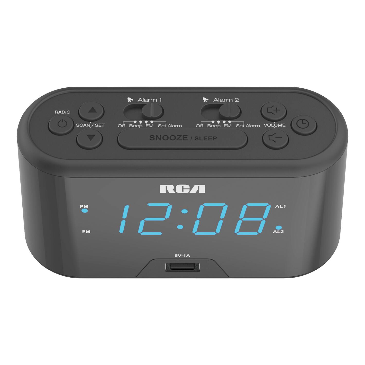 Alarm 1  
Alarm 2  
RADIO + SCAN SET  
Off Beep FM Set Alarm  
Off Beep FM Set Alarm  
VOLUME  
SNOOZE/SLEEP  
RCA  
12:08  
AL1  
AL2  
5V-1A