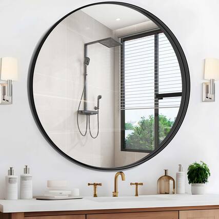 Front. VEGA AUTOMOTIVE - Round Mirror Deep Frame Circle Metal Bathroom Mirrors For Wall Entryway Washroom Bedroom Living Room Hallway - Black Deep Frame 42"L x 42"W.