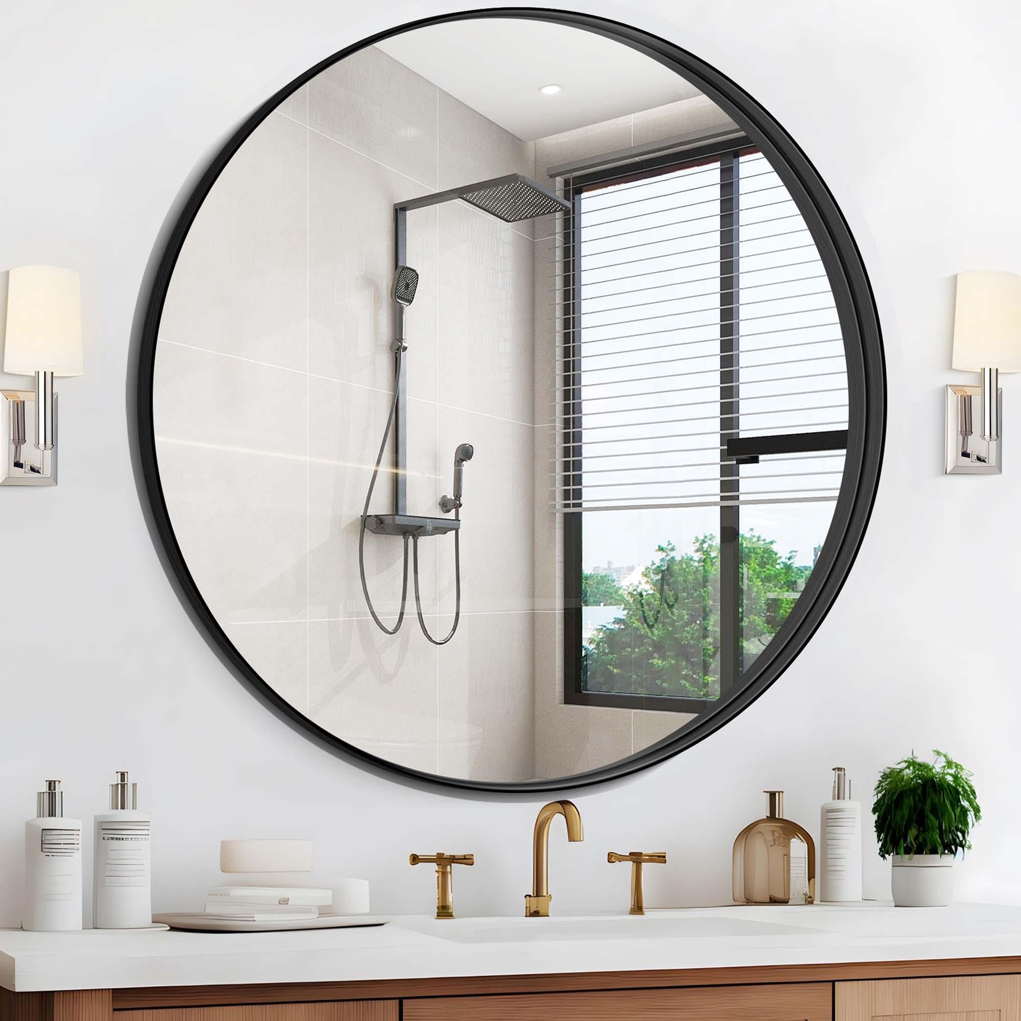 VEGA AUTOMOTIVE - Round Mirror Deep Frame Circle Metal Bathroom Mirrors For Wall Entryway Washroom Bedroom Living Room Hallway - Black Deep Frame 42"L x 42"W