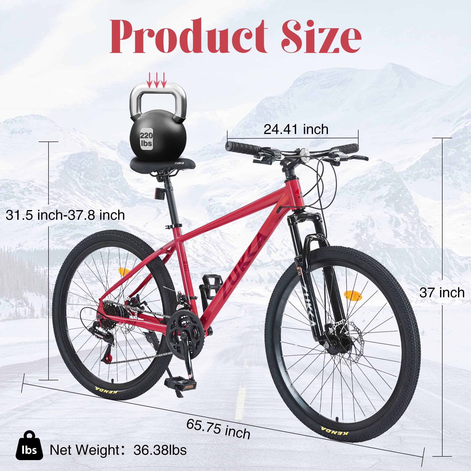 Product Size

- Product Size: 220 lbs
- Seat Height: 24.41 inch
- Handlebar Height: 31.5 inch-37.8 inch
- Wheel Size: 37 inch
- Net Weight: 36.38 lbs

KENDA