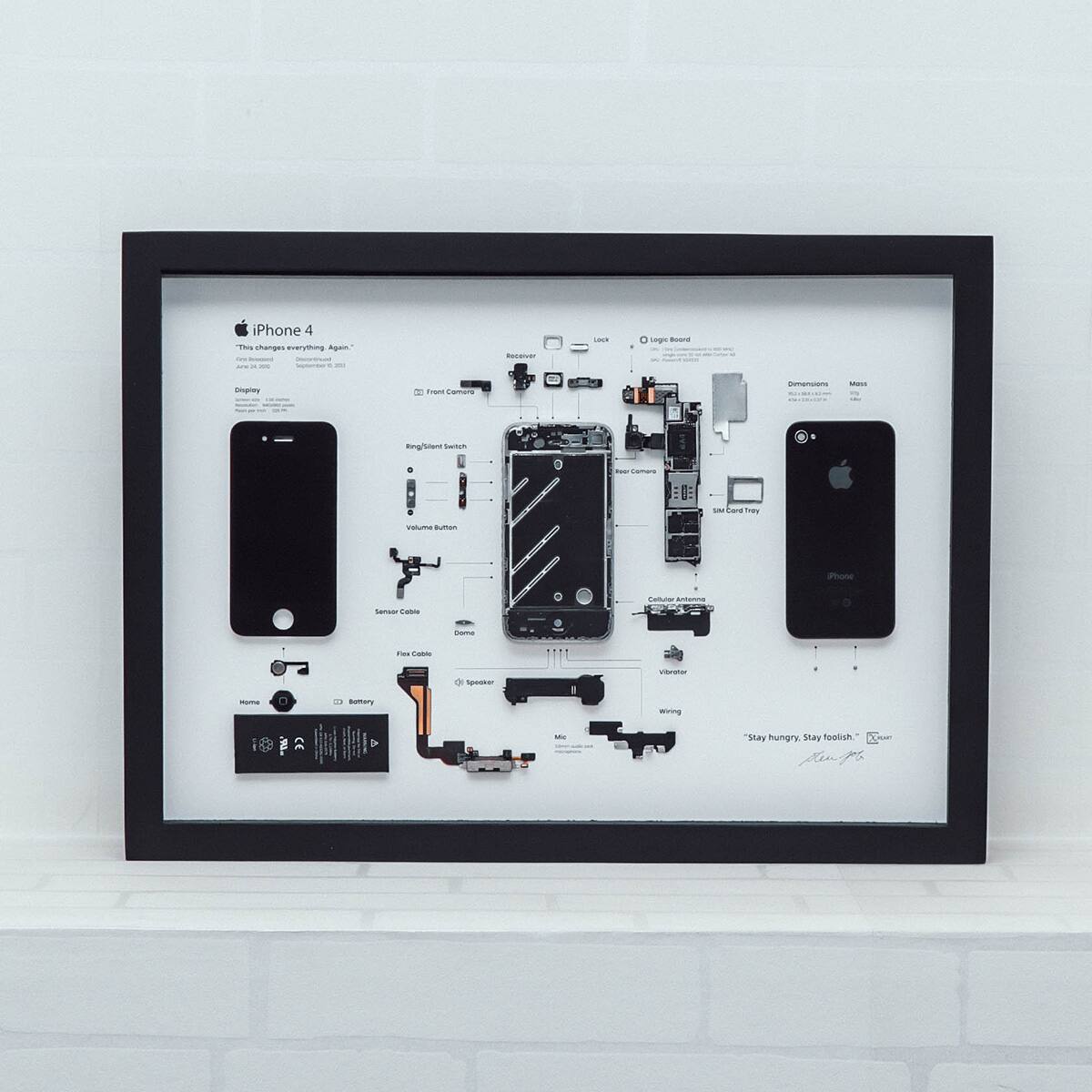 iPhone 4  
"This changes everything. Again."  
June 7, 2010  
September 16, 2010  

Display  
Front Camera  
Ring/Silent Switch  
Volume Button  
Home  
Battery  
Speaker  
Flex Cable  
Sapphire Cable  
Dock  
SIM Card Tray  
Vibrator  
Wing  
Dimensions  
Mass  
iPhone  

"Stay hungry. Stay foolish."  
Steve Jobs  

iPhone 4 T shanpes aanymIng geos - - segn Buane Disgray 7 Poans Camara - - mig/unane Swich - C D - Sane Tay - - Phone Santam Cabble | - - F Casls Spenter Vaustar - . sumary W 18 2 - Stay hungry SAAY foolish" 2 C lin ps