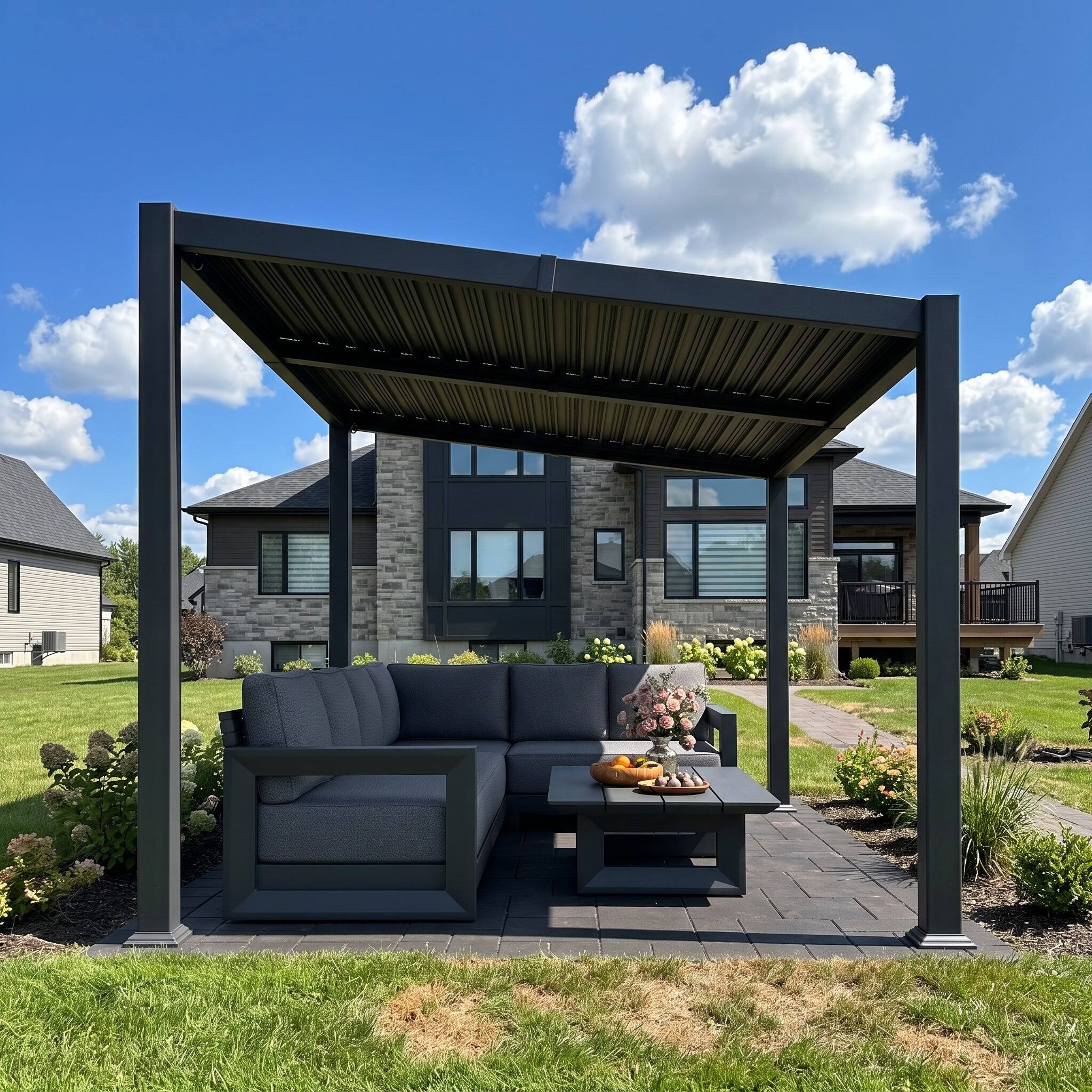 Angle. PURPLE LEAF - 8'×10' Louvered Pergola Slanted Roof Outdoor Aluminum Frame With Adjustable Rainproof roof for Patio Garden Yard - Gray.