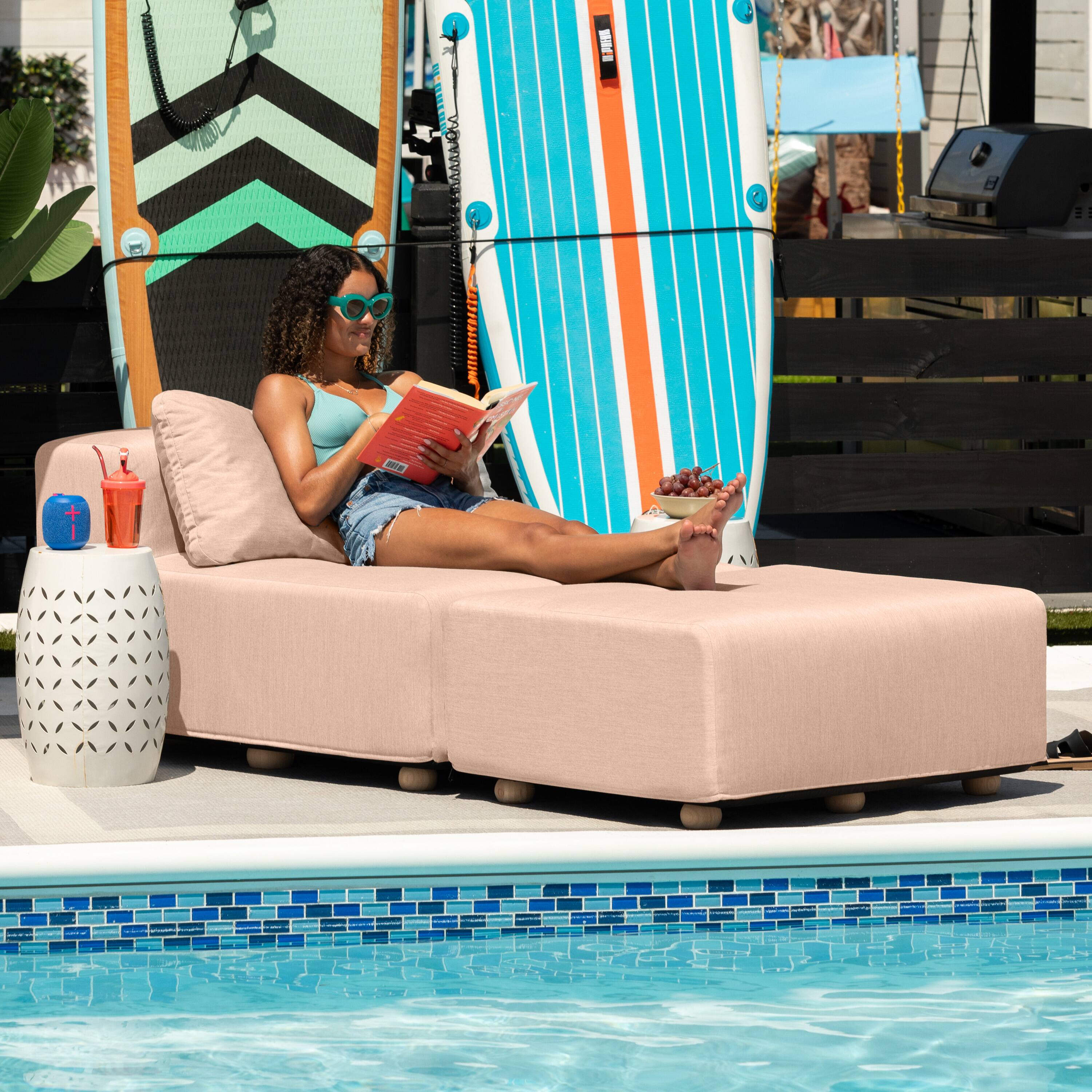 Left. Jaxx - Jaxx Vada Outdoor Sun Lounger Luxury Modular Chaise & Ottoman with Sunbrella Fabric & Waterproof Cover, Sunbrella Petal - Petal.