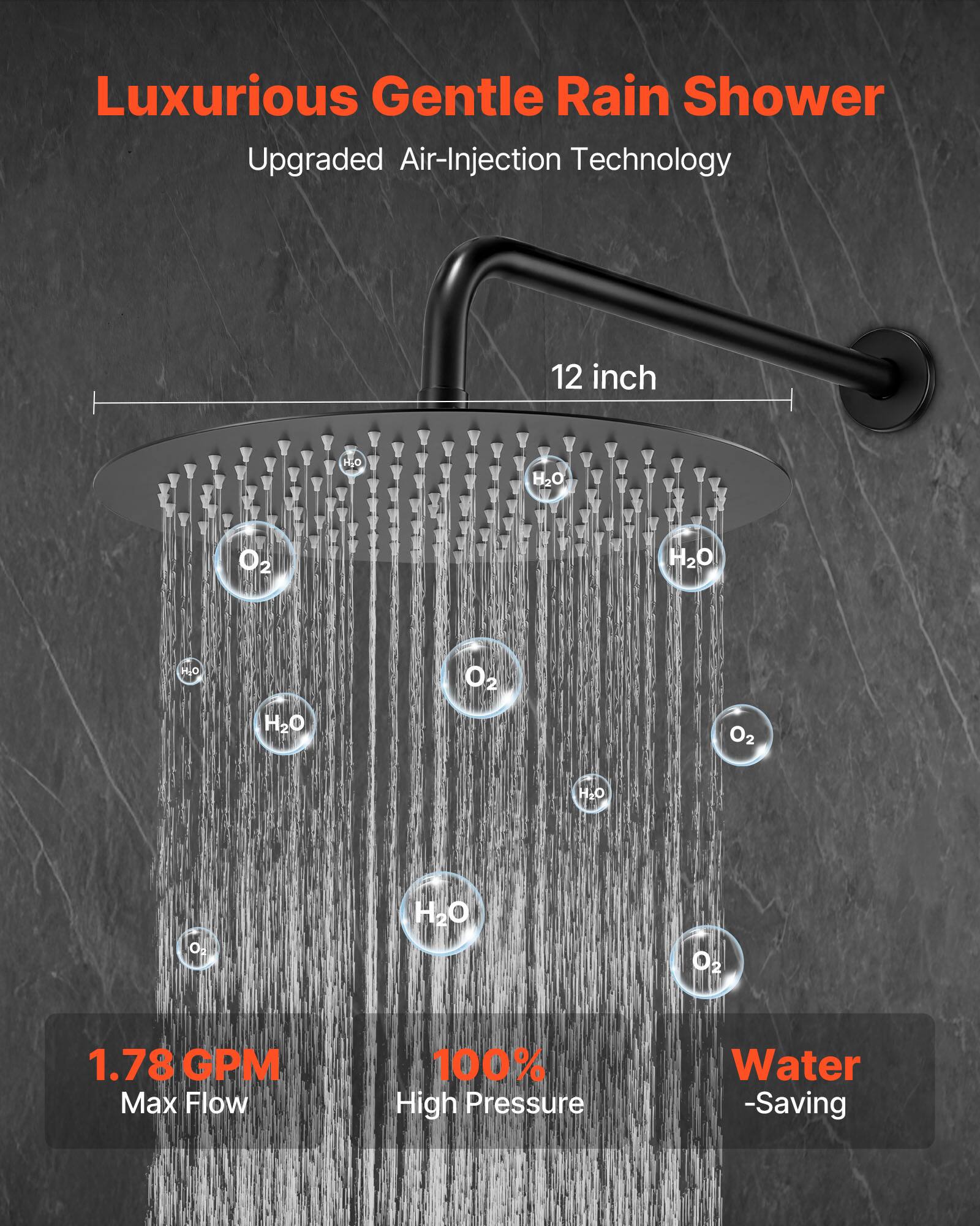 Luxurious Gentle Rain Shower  
Upgraded Air-Injection Technology  

12 inch  

1.78 GPM Max Flow  
100% High Pressure  
Water-Saving