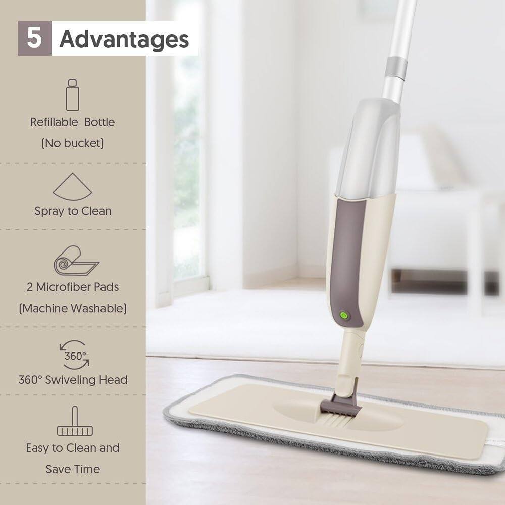 5 Advantages

1. Refillable Bottle (No bucket)
2. Spray to Clean
3. 2 Microfiber Pads (Machine Washable)
4. 360° Swiveling Head
5. Easy to Clean and Save Time