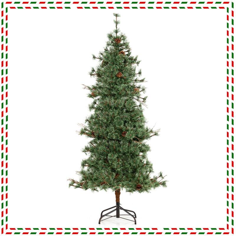 Front. WELLFOR - 6 ft Prelit Artificial Hinged Christmas Tree with Warm‑White Lights,370 Full Branch Tips &22 Natural Pine Cones - Green.