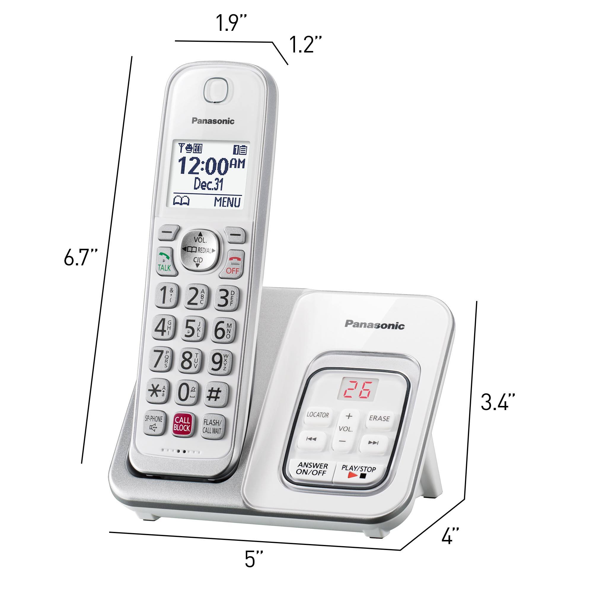 The image shows a Panasonic phone with a clock on the screen. The phone is 1.9 inches tall and 1.2 inches wide. The clock displays the time as 12:00 AM on December 31. The phone also has a menu button, and it is 6.7 inches tall. The phone is designed to block and flash calls, and it has a locator feature. The image also includes a diagram of the phone, which shows the dimensions and layout of the device.