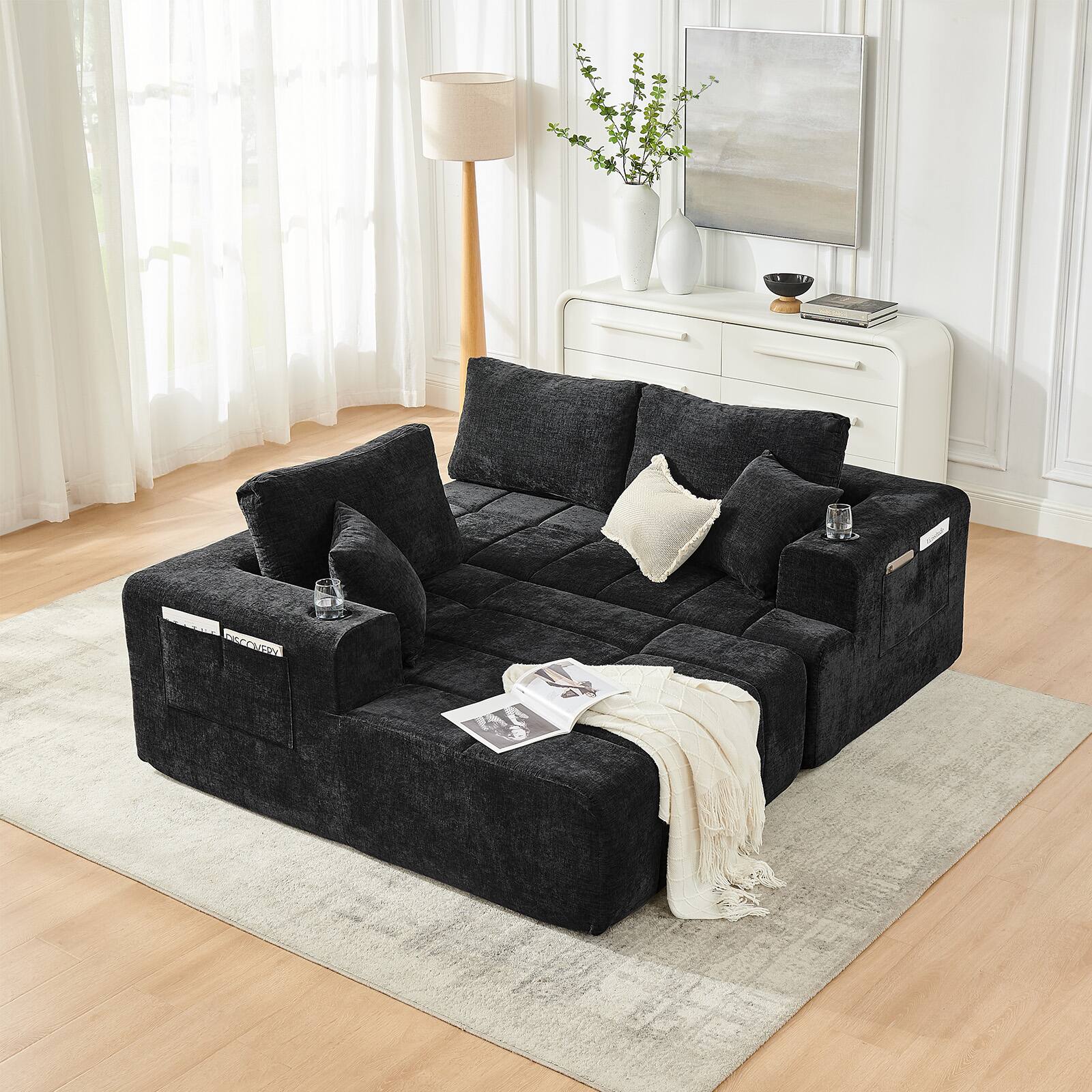 Left. Anysun - 108" L-Shaped Compression Chenille Sectional Sofa with Left Chaise, Cup Holders & Side Pockets, No Assembly - Black.