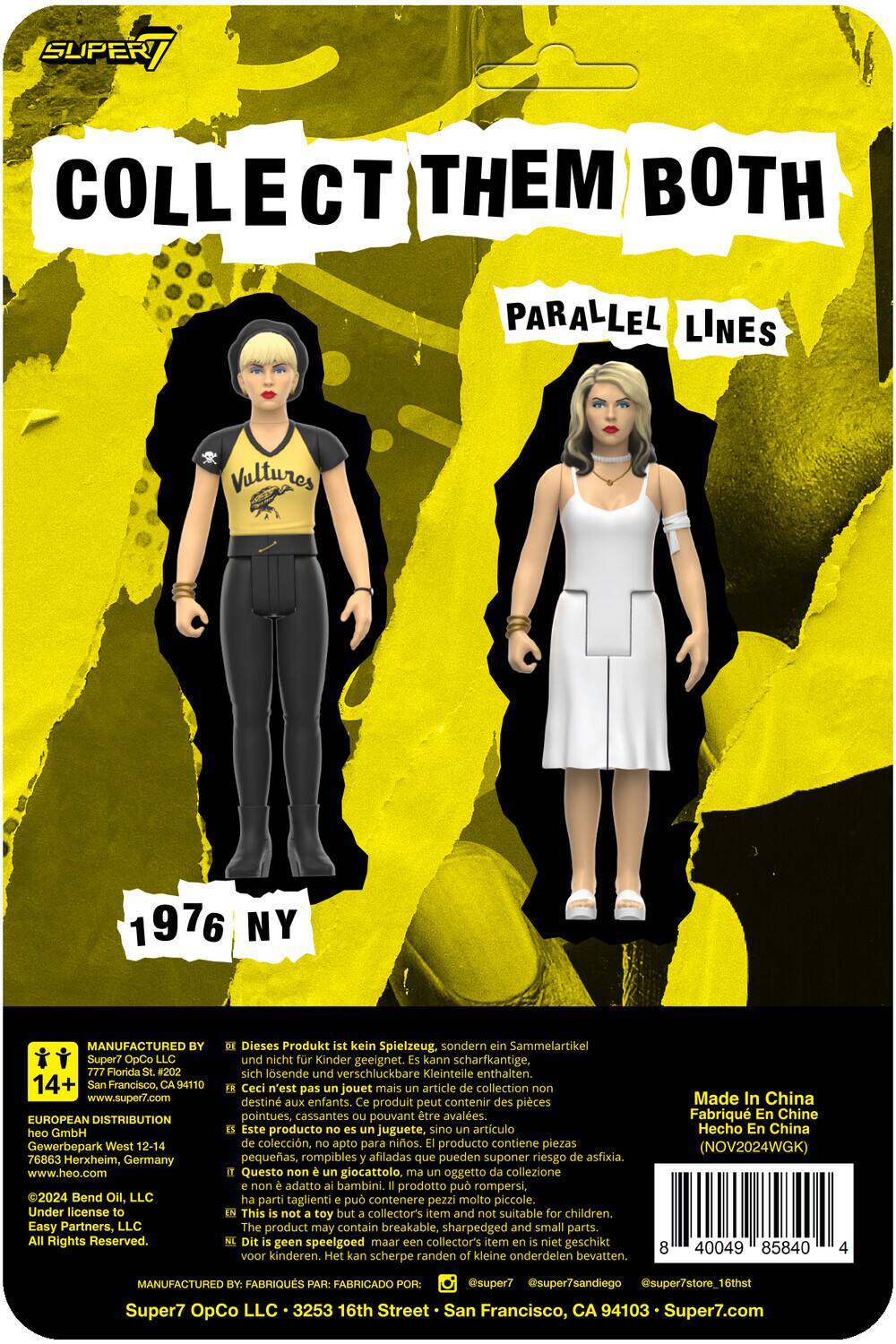 Sure, here is the corrected and grouped text from the image:

---

**SUPER7**

**COLLECT THEM BOTH**

**PARALLEL LINES**

**1976 NY**

---

**MANUFACTURED BY**

Super7 OpCo LLC  
777 Florida St. #202  
San Francisco, CA 94110  
www.super7.com

**EUROPEAN DISTRIBUTION**

heo GmbH  
Gewerbepark West 12-14  
76863 Herxheim, Germany  
www.heo.com

**2024 Bend Oil, LLC**  
Under license Easy Partners, LLC  
All Rights Reserved.

---

**Dieses Produkt ist kein Spielzeug, sondern ein Sammelartikel und nicht für Kinder geeignet. Kann scharfkantige, sich lösende und verschluckbare Kleinteile enthalten.**

**Ceci n'est pas un jouet mais un article de collection non destiné aux enfants. Ce produit peut contenir des pièces pointues, cassantes pouvant être avalées.**

**Este producto no es un juguete, sino un artículo de colección, apto para niños. El producto contiene piezas pequeñas, rom
