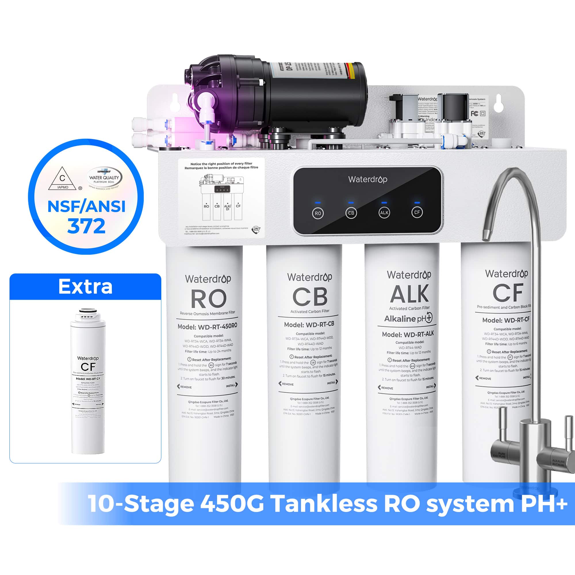 Waterdrop - WD-T4-A Alkaline pH+ Reverse Osmosis Water Filter, extra RTCF Filter - White