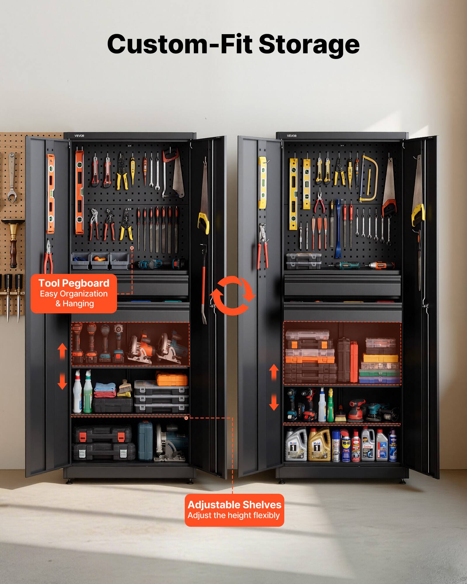 Custom-Fit Storage

VEVR Tool Pegboard
Easy Organization & Hanging

Adjustable Shelves
Adjust the height flexibly