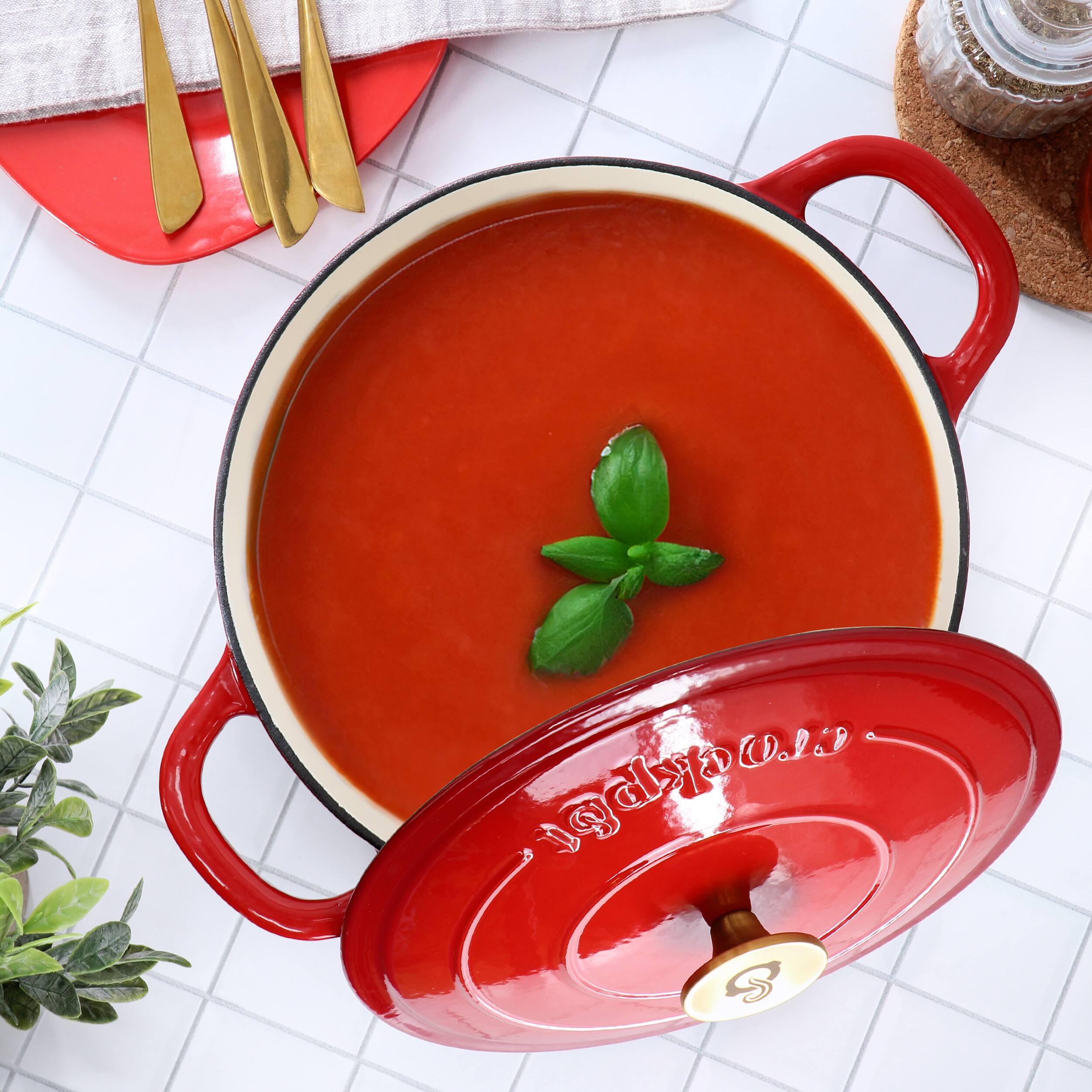 Alt View 6. Brentwood - Crockpot Artisan 6 Quart Enameled Cast Iron Dutch Oven in Gradient Red with Gold Handle - Gray.
