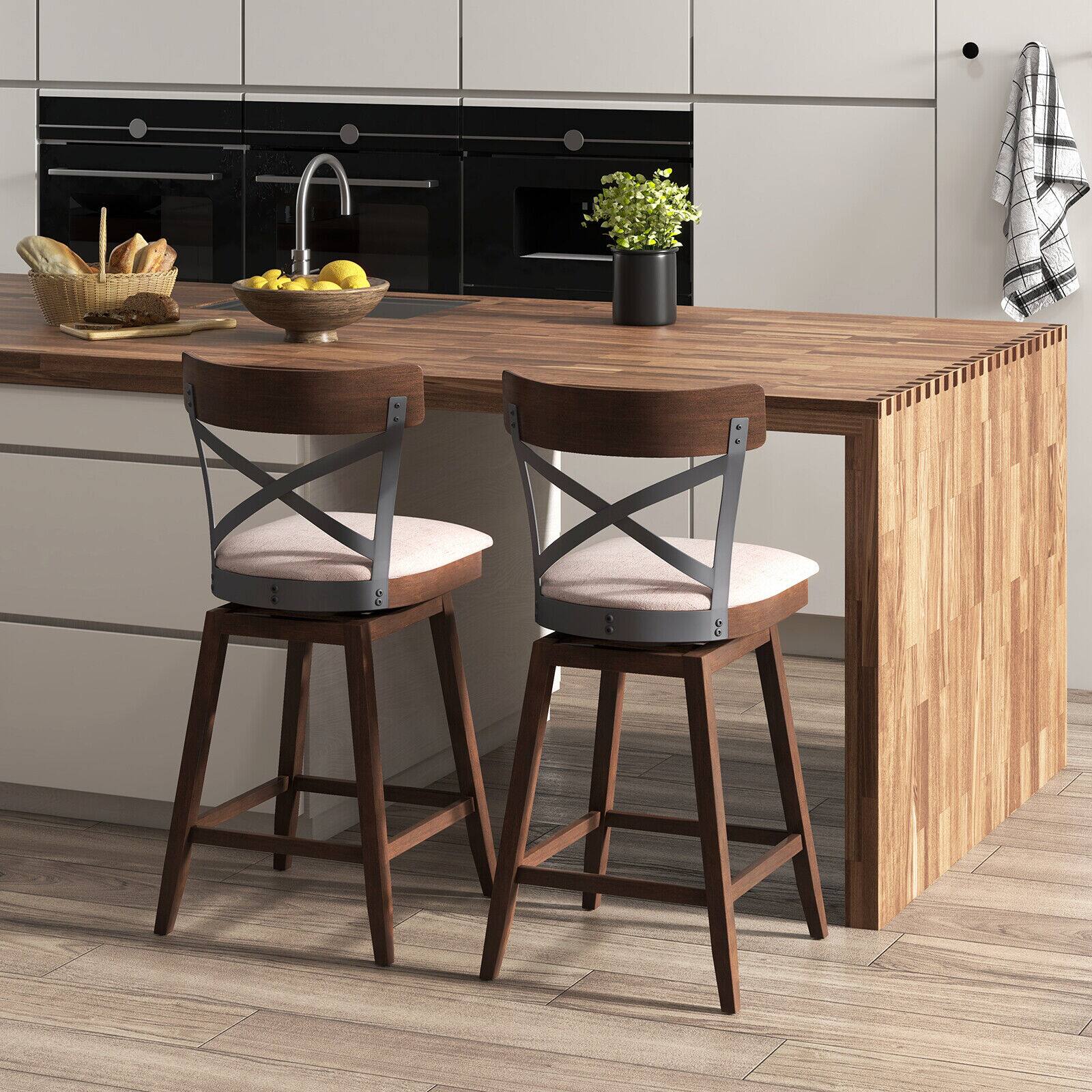 Alt View 7. Ecooso - Set of 2 Wooden Swivel Bar Stools with Cushioned Seat and Open X Back - Espresso.