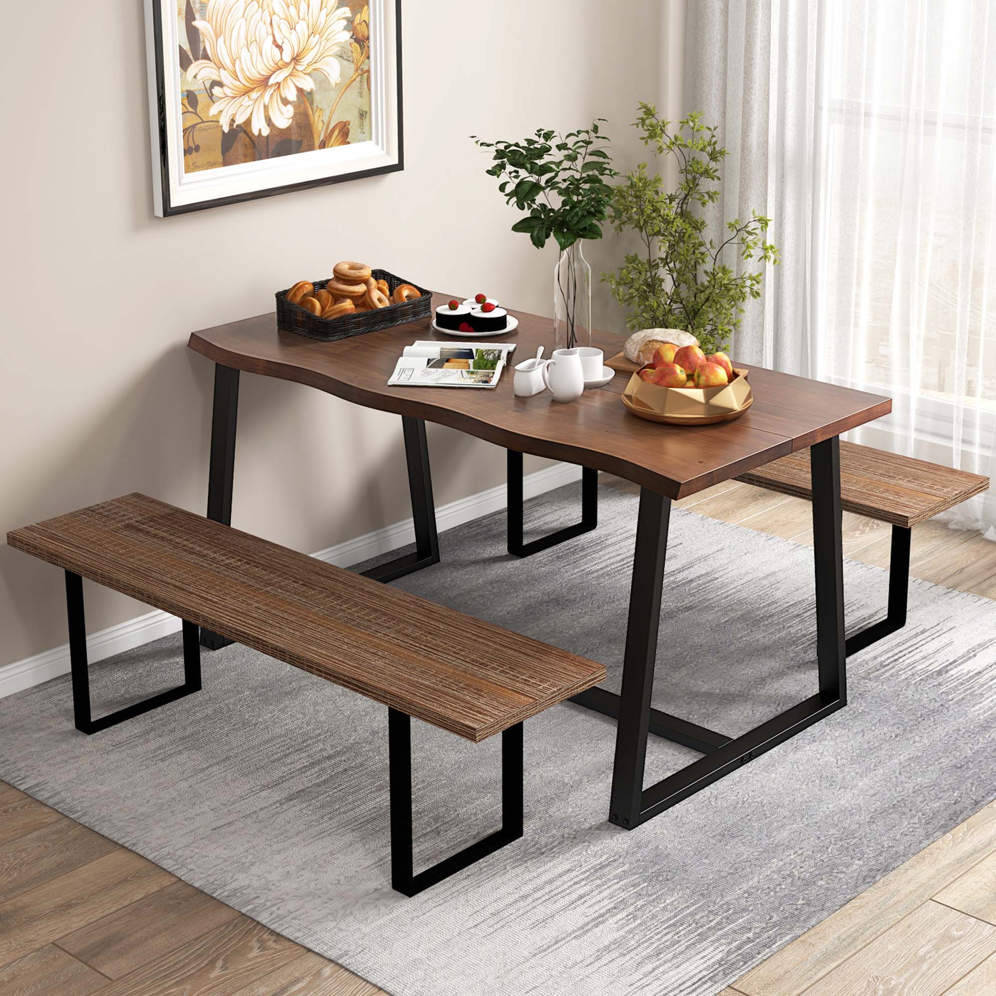 Angle. Costway - 63" Large Dining Table for 4-6 People with Wavy Edge Heavy-duty Metal Frame - Coffee.