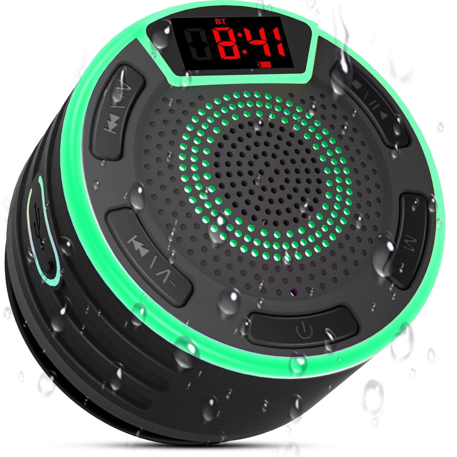 Cedar Assembly - Speakers Ipx7 Waterproof Shower Portable With Led Display Fm Radio Suction Cup Light Show Built-in Mic Gi - Black