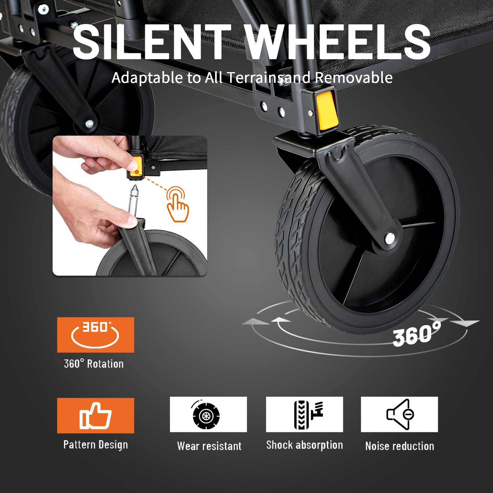 SILENT WHEELS

- Adaptable to All Terrains
- Removable

Features:
- 360° Rotation
- Pattern Design
- Wear Resistant
- Shock Absorption
- Noise Reduction