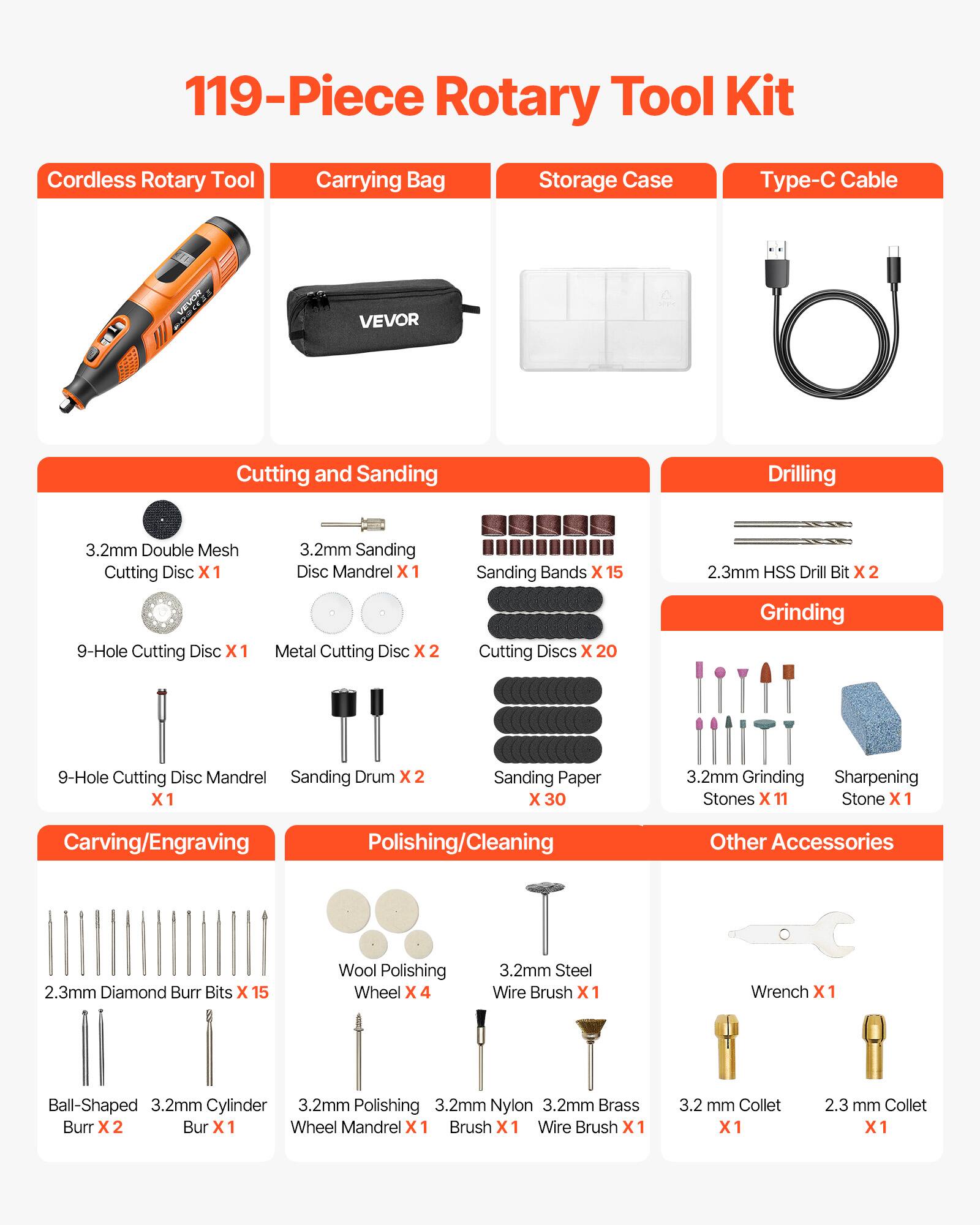 119-Piece Rotary Tool Kit

- Cordless Rotary Tool
- Carrying Bag
- Storage Case
- Type-C Cable

Cutting and Sanding:
- 3.2mm Double Mesh Cutting Disc X1
- 3.2mm Sanding Disc Mandrel X1
- 9-Hole Cutting Disc X1
- Metal Cutting Disc X2
- Cutting Discs X 20
- 9-Hole Cutting Disc Mandrel X1
- Sanding Drum X2
- Sanding Bands X 15
- Sanding Paper X 30

Drilling:
- 2.3mm HSS Drill Bit X2

Grinding:
- 3.2mm Grinding Sharpening Stones X 11
- Sharpening Stone X1

Carving/Engraving:
- 2.3mm Diamond Burr Bits X 15
- Ball-Shaped Burr X2
- 3.2mm Cylinder Burr X1

Polishing/Cleaning:
- Wool Polishing Wheel X 4
- 3.2mm Steel Wire Brush X1
- 3.2mm Nylon Wire Brush X1
- 3.2mm Brass Wire Brush X