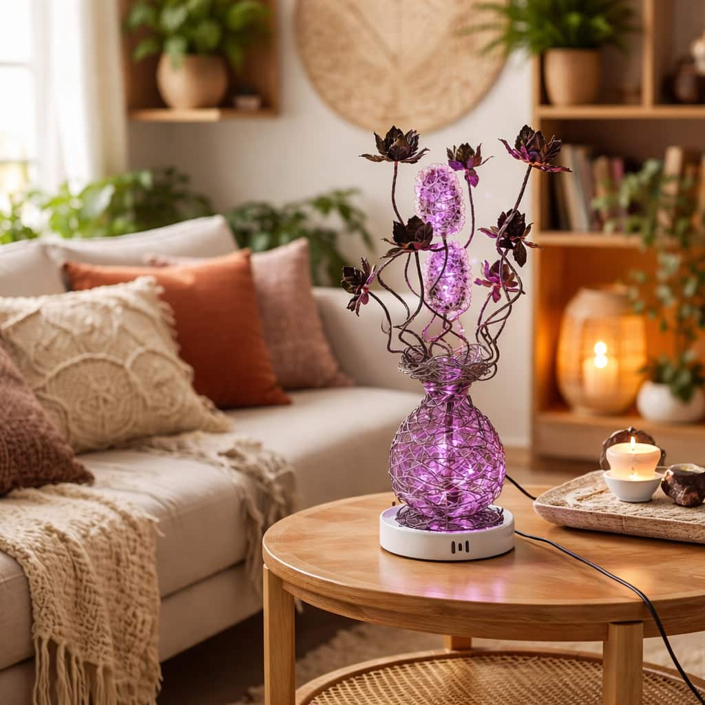 FC Design - 24"H Black Vase w/ Black Floral Stem Pink Changing Light Table Lamp