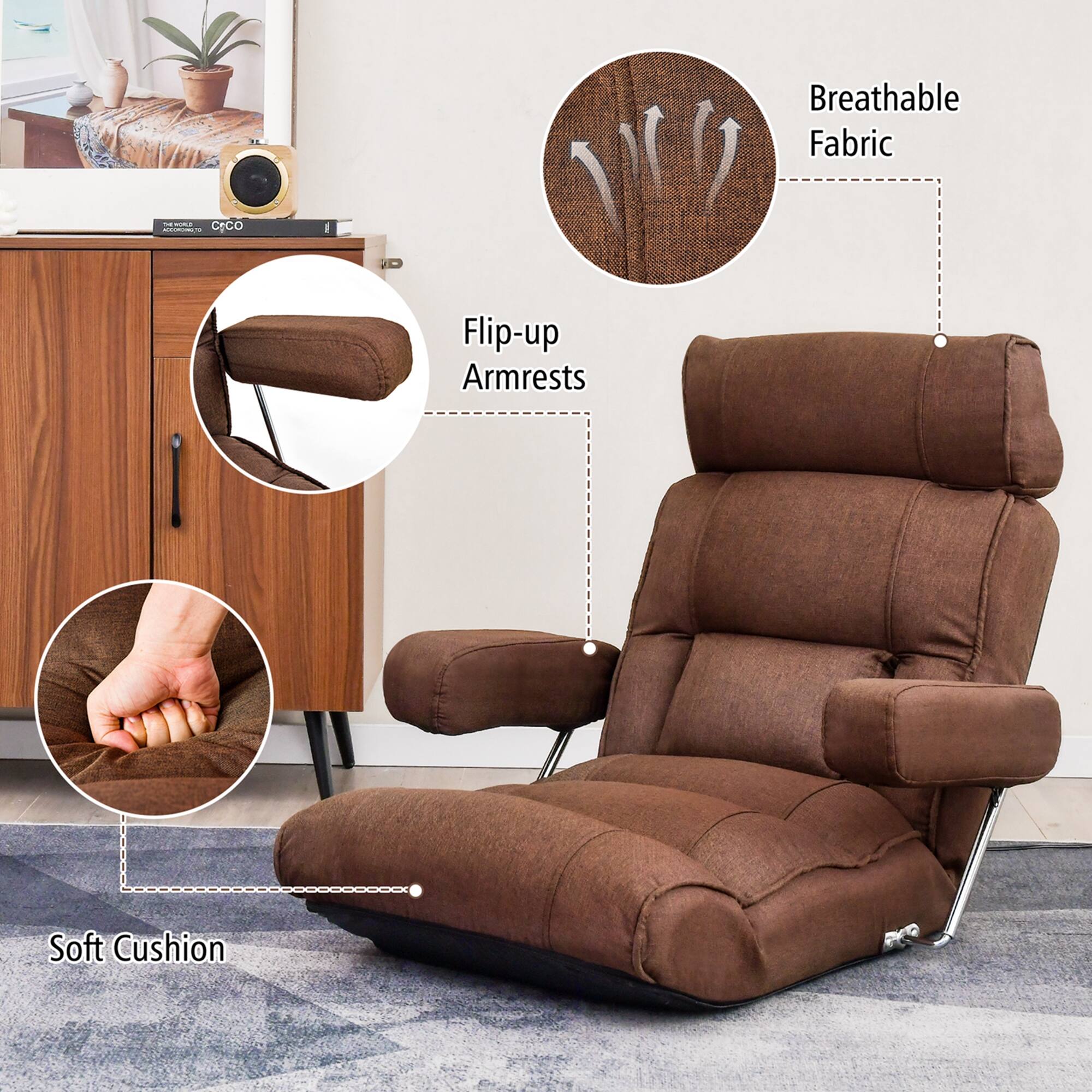 - Breathable Fabric
- Flip-up Armrests
- Soft Cushion