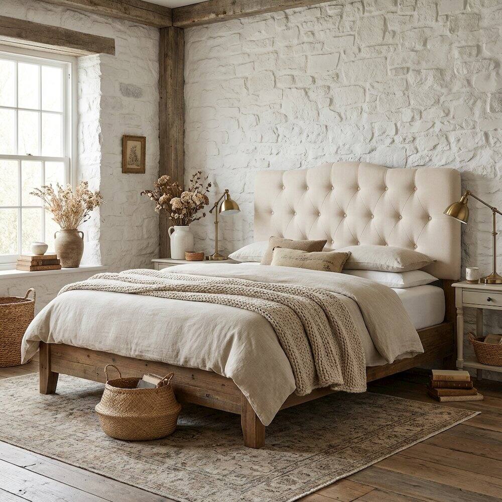 Angle. FurniFact - Upholstered Fabric Headboard in Neutral Tone with Plush Padding and Sturdy Frame - Beige.