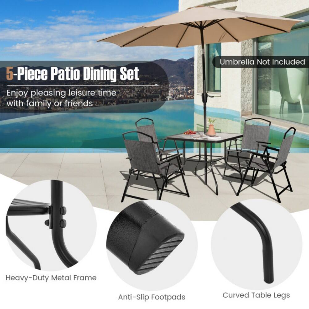 5-Piece Patio Dining Set

Enjoy pleasing leisure time with family or friends

Umbrella Not Included

Heavy-Duty Metal Frame

Anti-Slip Footpads

Curved Table Legs