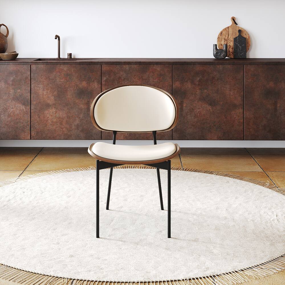 Back. POVISON - Modern Curved Back Leather Dining Chairs Set of 2, Beige & Walnut Side Chairs, Fully Assembled - Beige & Walnut.