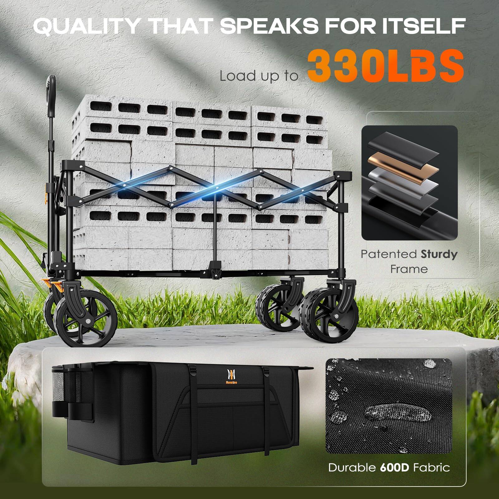 QUALITY THAT SPEAKS FOR ITSELF  
Load up to 330LBS  

Patented Sturdy Frame  

Durable 600D Fabric