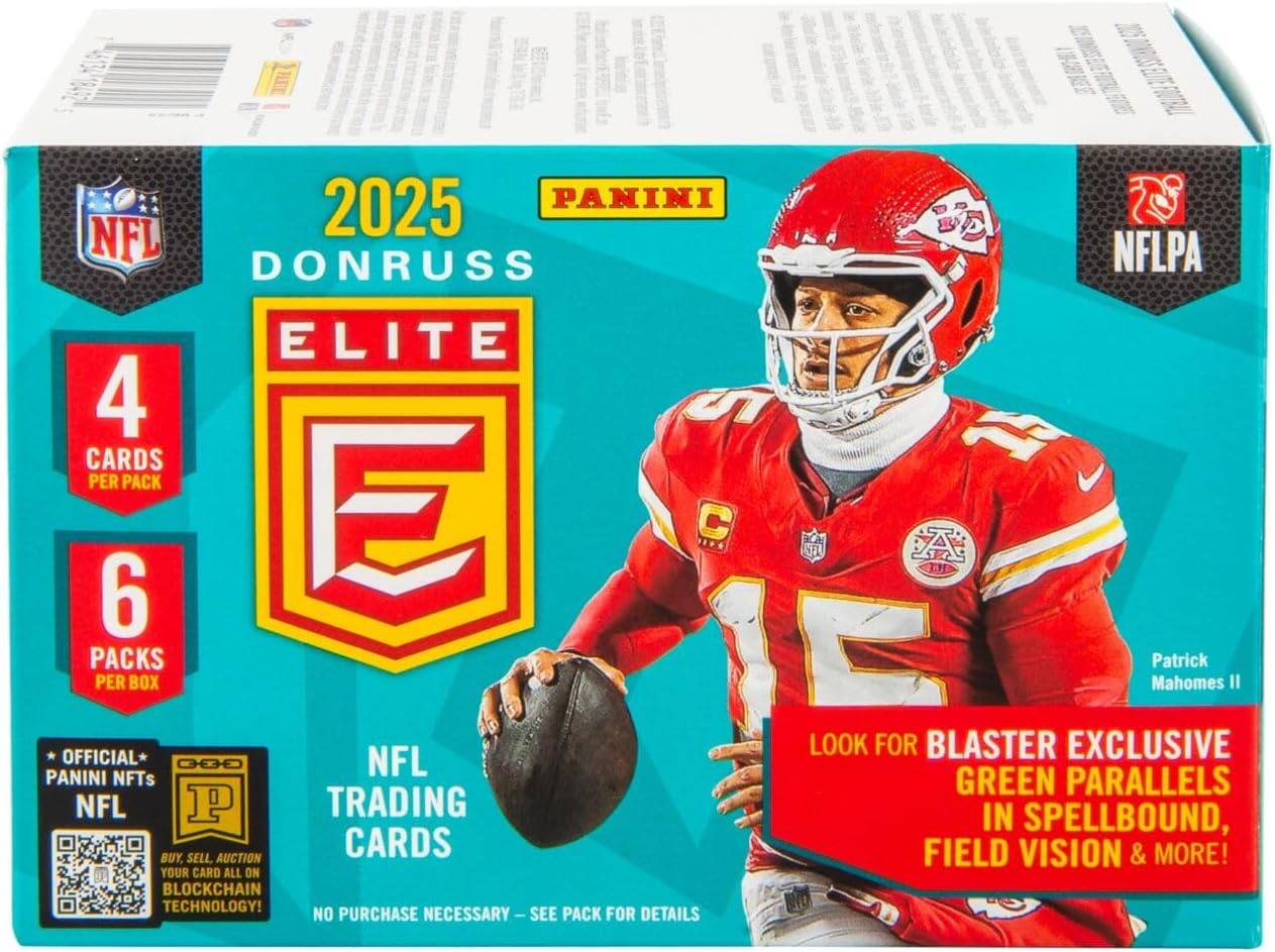F 2025 PANINI NFL DONRUSS NFLPA ELITE  
4 CARDS PER PACK  
6 PACKS PER BOX  
Patrick Mahomes II  
LOOK FOR BLASTER EXCLUSIVE GREEN PARALLELS IN SPELLBOUND, FIELD VISION & MORE!  
OFFICIAL PANINI NFL NFTs  
BUY, SELL, AUCTION YOUR CARD ALL ON BLOCKCHAIN TECHNOLOGY!  
NO PURCHASE NECESSARY - SEE PACK FOR DETAILS