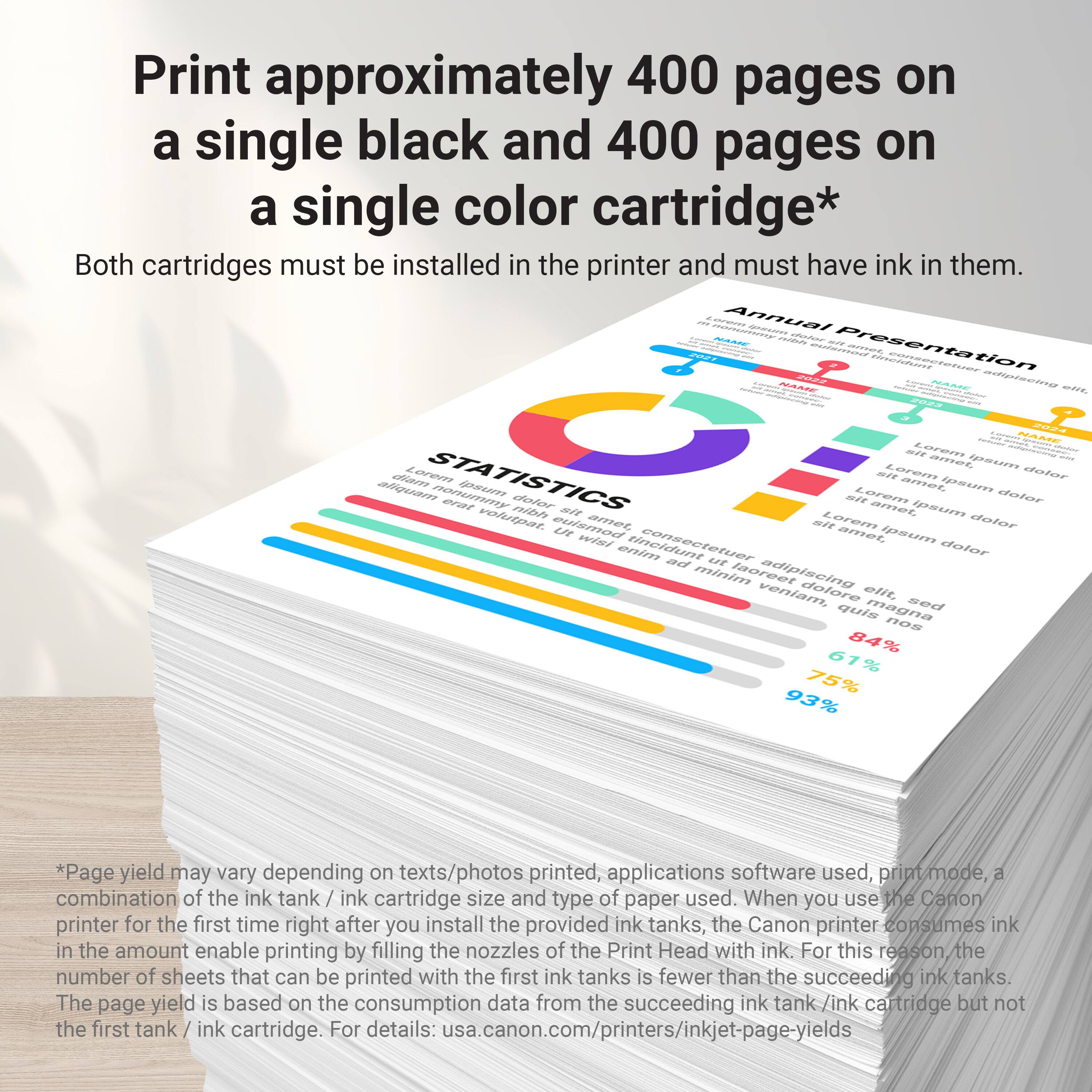 Print approximately 400 pages on a single black and 400 pages on a single color cartridge*

Both cartridges must be installed in the printer and must have ink in them.

Annual Presentation

STATISTICS

Lorem ipsum dolor sit amet, consectetur adipiscing elit. Sed do eiusmod tempor incididunt ut labore et dolore magna aliqua. Ut enim ad minim veniam, quis nostrud exercitation ullamco laboris nisi ut aliquip ex ea commodo consequat. Duis aute irure dolor in reprehenderit in voluptate velit esse cillum dolore eu fugiat nulla pariatur. Excepteur sint occaecat cupidatat non proident, sunt in culpa qui officia deserunt mollit anim id est laborum.

84% 61% 75% 93%

*Page yield may vary depending on texts/photos printed, applications software used, print mode, combination of the ink tank / ink cartridge size and type of paper used. When you use the Canon printer for the first time right after you install the provided ink tanks, the Canon printer consumes ink in the amount enable printing by filling the nozzles of the Print Head with ink. For this reason the number of sheets that can be printed with the first ink tanks is fewer than the succeeding ink tanks. The page