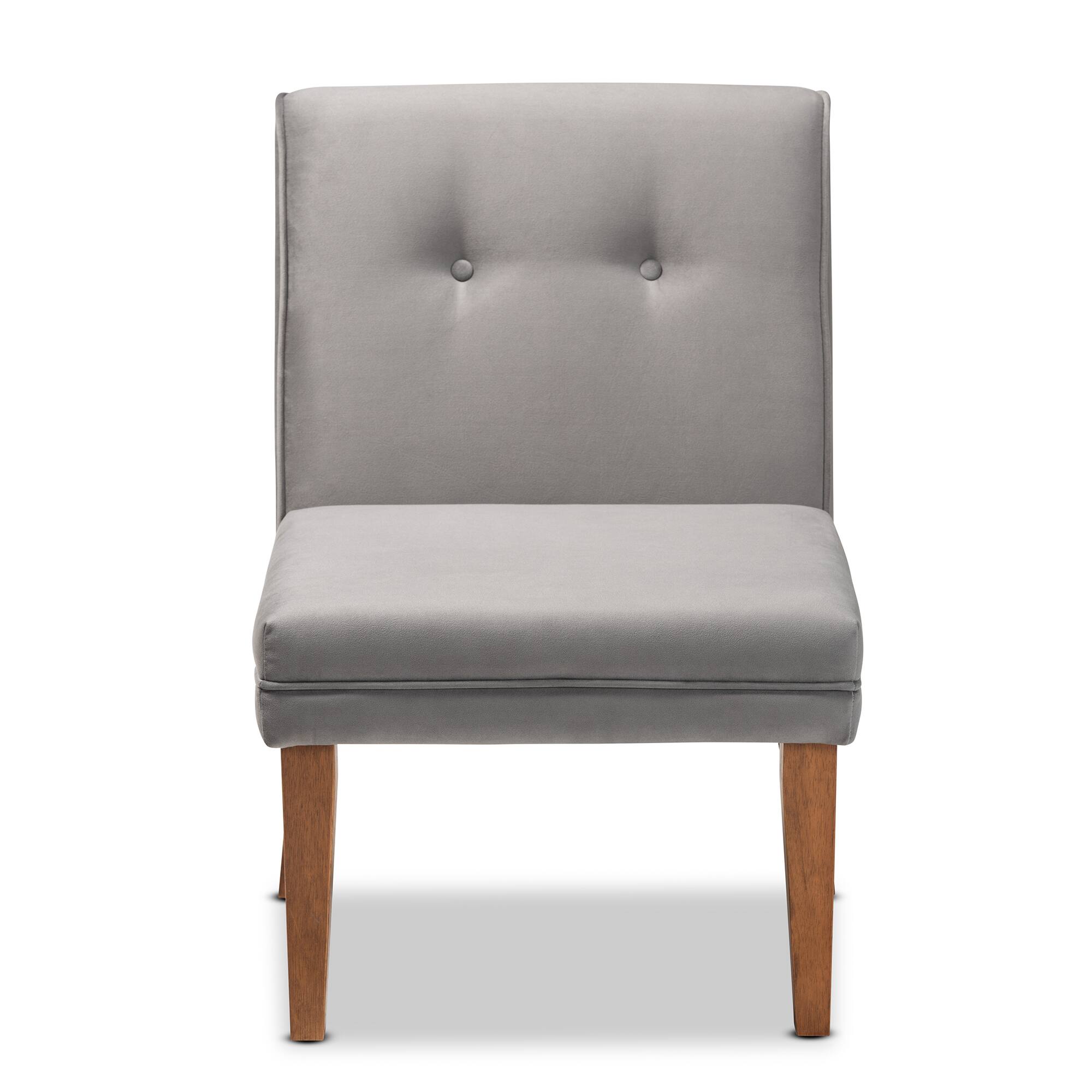 Angle. Baxton Studio - Stewart Mid-Century Modern Velvet Upholstered and Finished Wood Dining Chair - Grey/Walnut Brown.