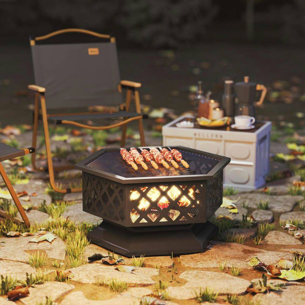 Angle. Resenkos - 28" Outdoor Fire Pit with Grill, Wood Burning Firepit with Cooking Grate, Fire Poker, Spark Screen Lid, Black.