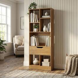 Pefilos - 61inch Tall Freestanding Bookcase with Drawer, 8-Cube Storage Organizer for Home Office, Anti-Tip Design, Natural - Brown