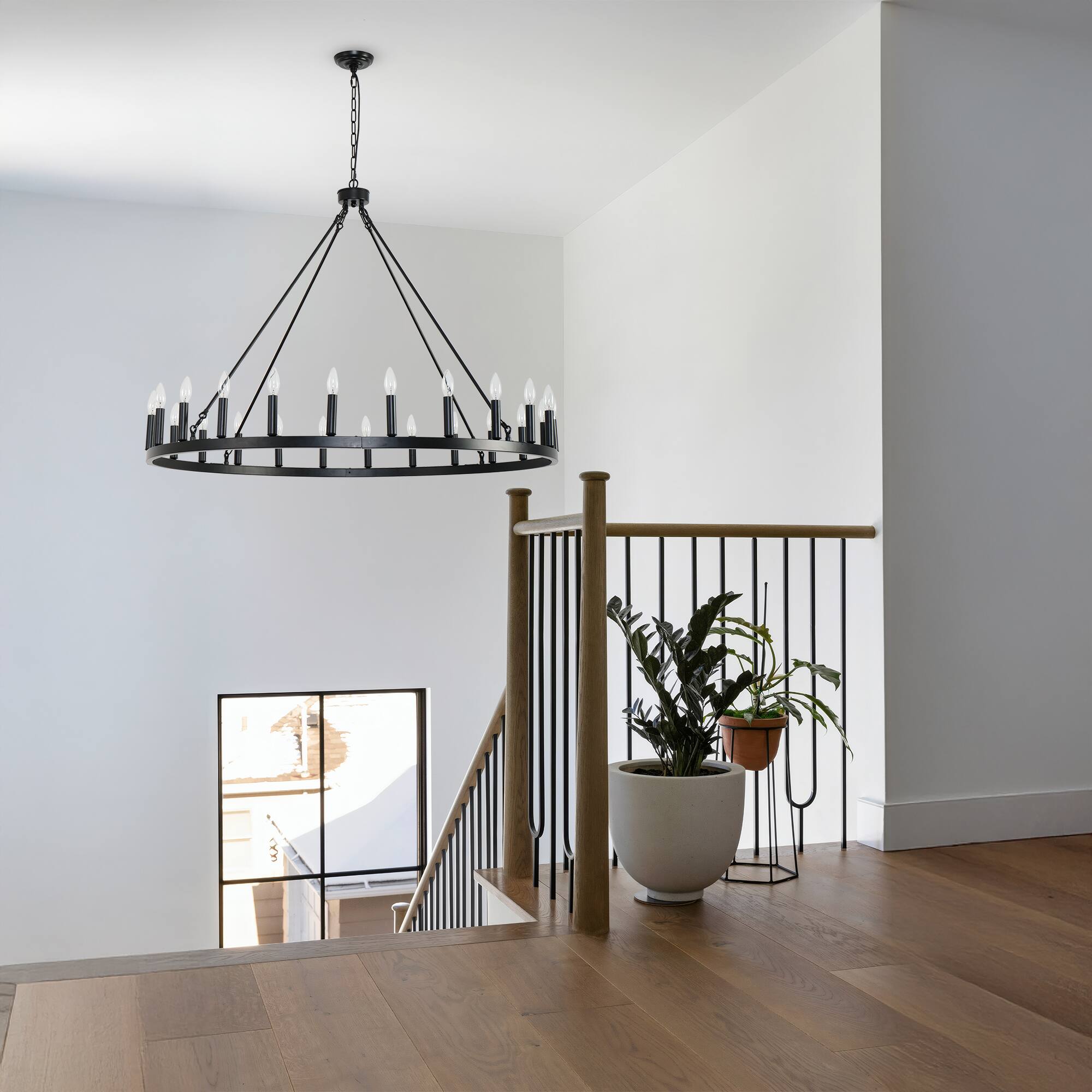 Left. RYHNUYNE - 48" Farmhouse Wagon Wheel Chandelier 24-Light Round Large Pendant Light Fixture Black Metal Chandelier for Porch Barn - Black.