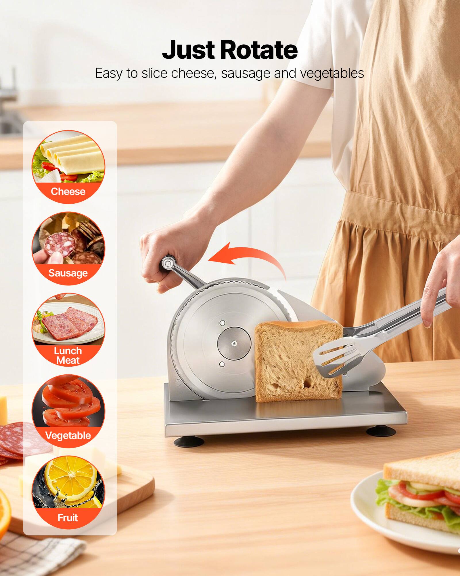 Just Rotate  
Easy to slice cheese, sausage and vegetables  
Cheese  
Sausage  
Lunch Meat  
Vegetable  
Fruit