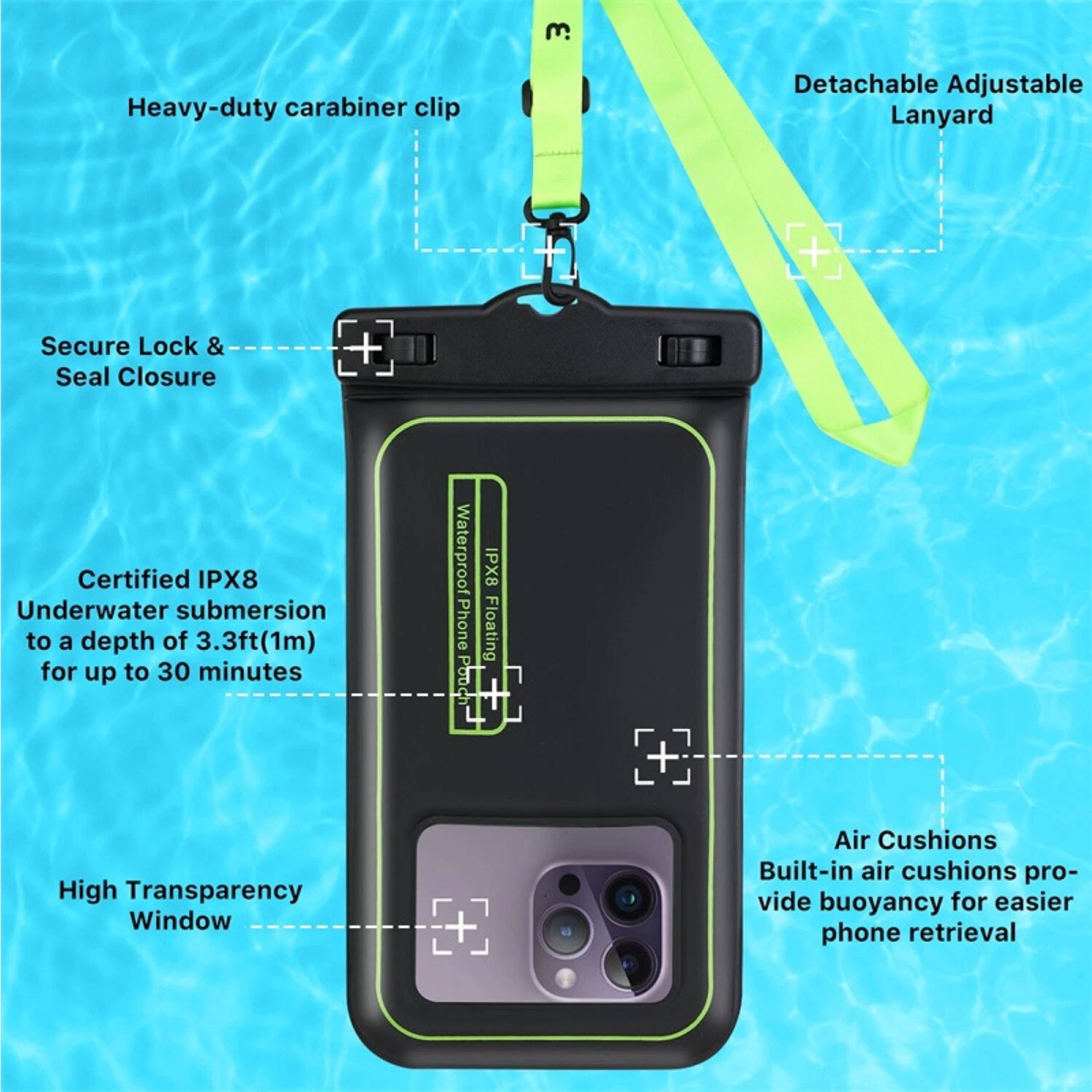 - Heavy-duty carabiner clip
- Detachable Adjustable Lanyard
- Secure Lock & Seal Closure
- Certified IPX8
- Underwater submersion to a depth of 3.3ft (1m) for up to 30 minutes
- High Transparency Window
- Air Cushions
- Built-in air cushions provide buoyancy for easier phone retrieval