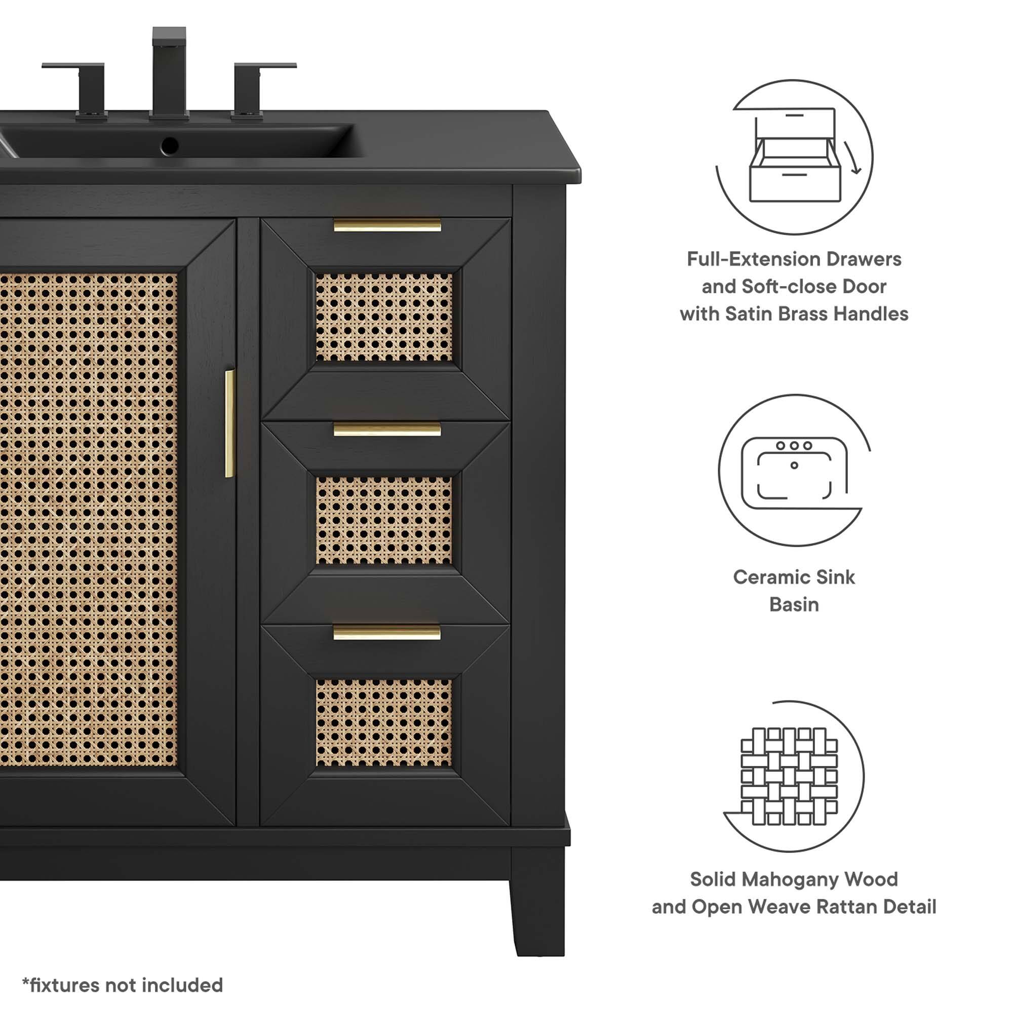 Full-Extension Drawers and Soft-close Door with Satin Brass Handles  
Ceramic Sink Basin  
Solid Mahogany Wood and Open Weave Rattan Detail  
*fixtures not included