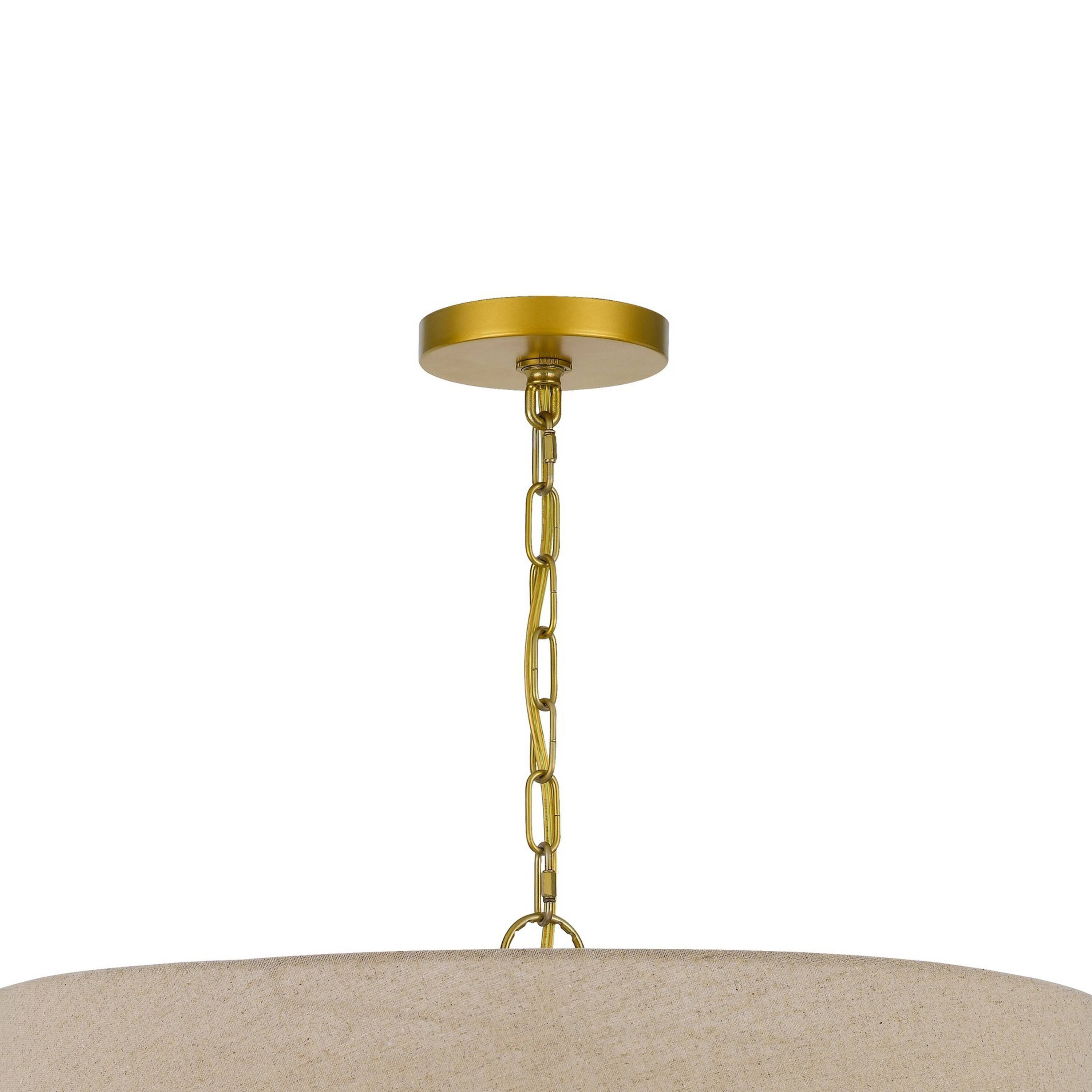 Left. Manhattan Lane - Pomy 28 Inch Chandelier, Hardback Burlap Shade - Brass, Black, Beige.