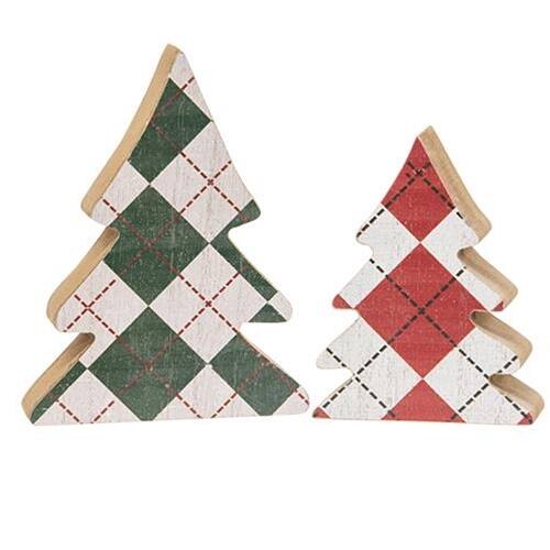 Front. BreeBe - *2/Set Distressed Wooden Plaid Christmas Trees - Multicolor.