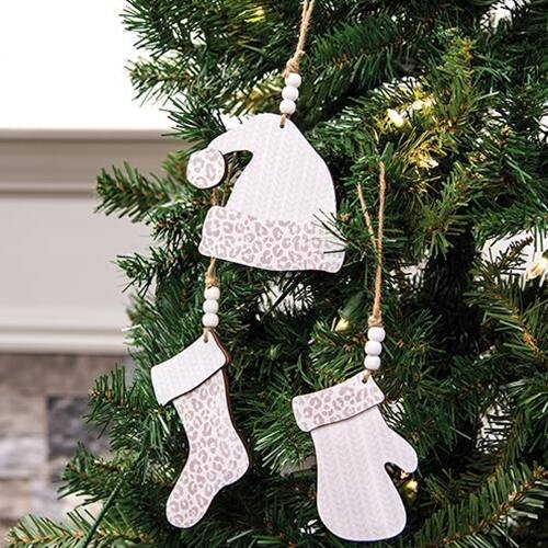 Angle. BreeBe - Cheetah Print Winter Clothes Ornament 3 Asstd. - Grey, White.