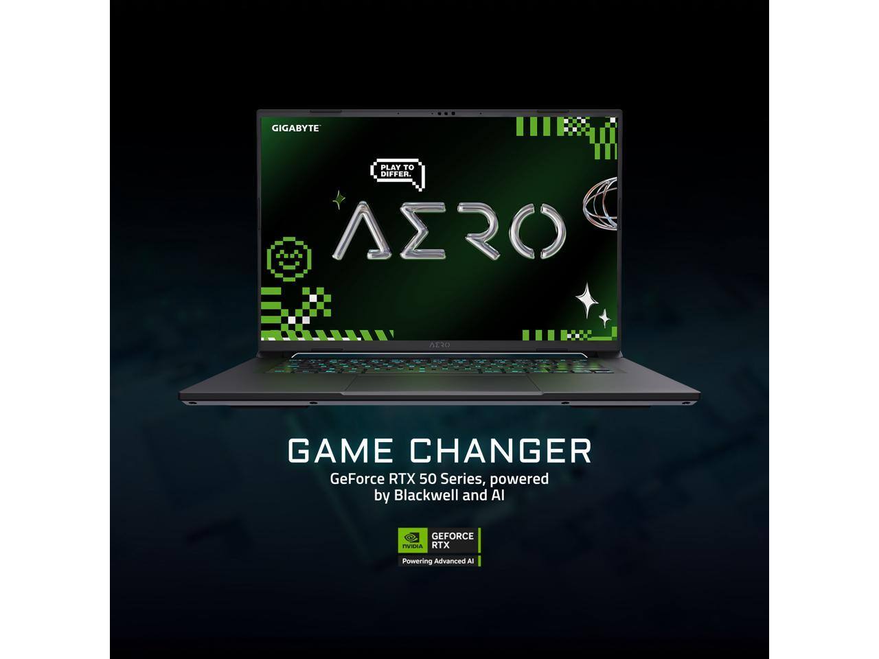 GIGABYTE PLAY TO DIFFER.  
AERO GAME CHANGER  
GeForce RTX 50 Series, powered by Blackwell and AI  

GEFORCE RTX  
Powering Advanced AI