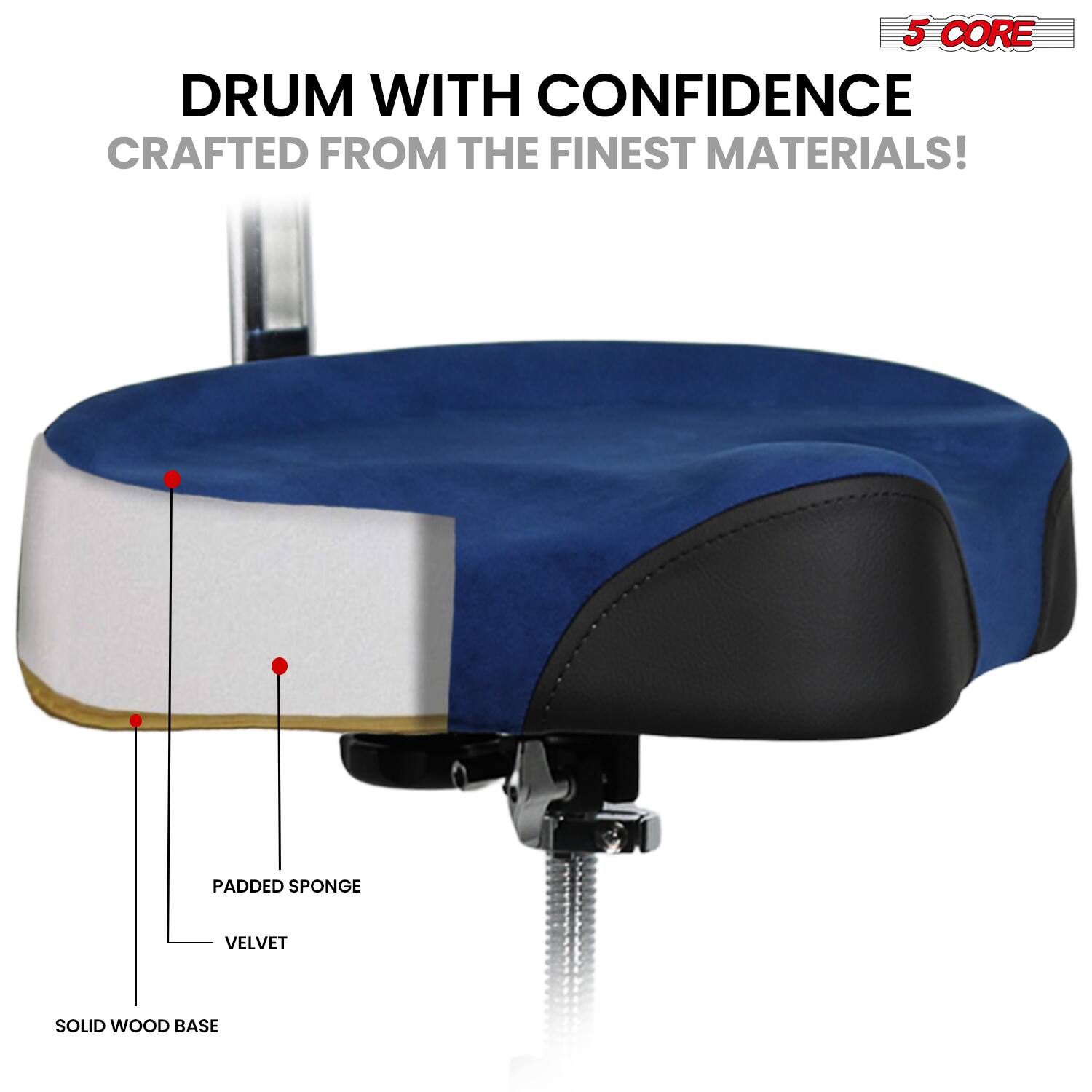 5 CORE DRUM WITH CONFIDENCE CRAFTED FROM THE FINEST MATERIALS!  
PADDED SPONGE VELVET SOLID WOOD BASE